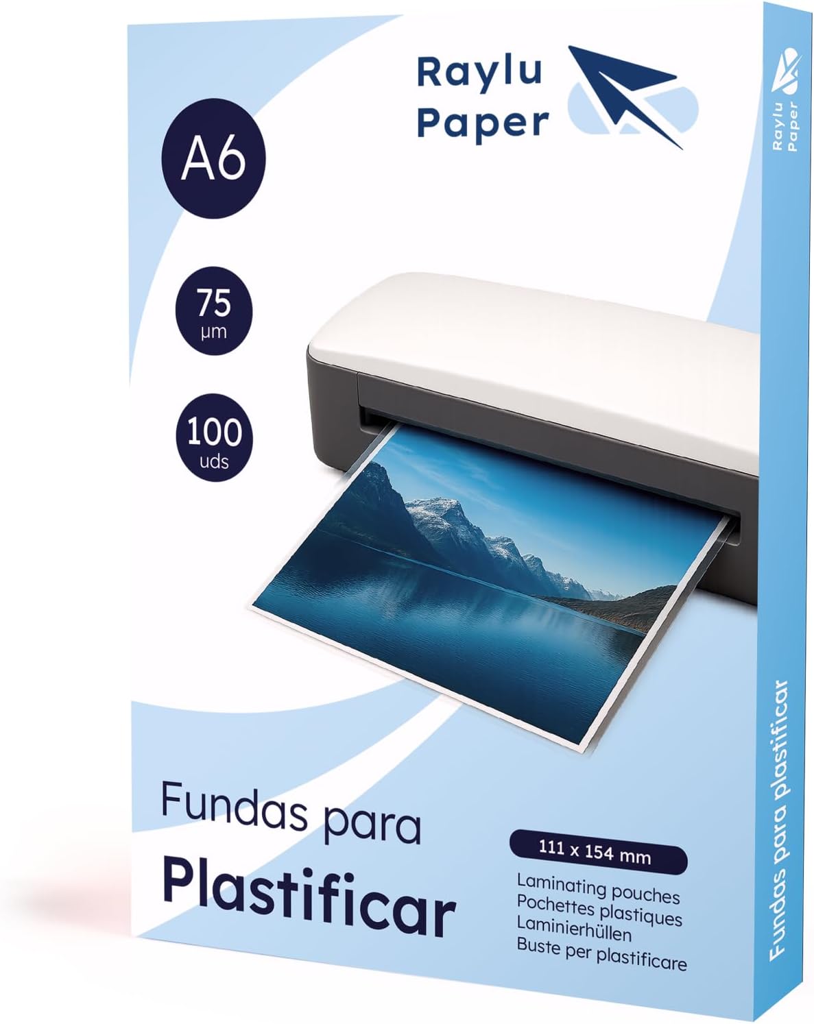 Raylu Paper - Lot de 100 Pochettes de Plastification Transparentes à Finition Brillante, Feuilles pour Plastifieuse Imperméables aux Bords Arrondis (75 Microns, A6)