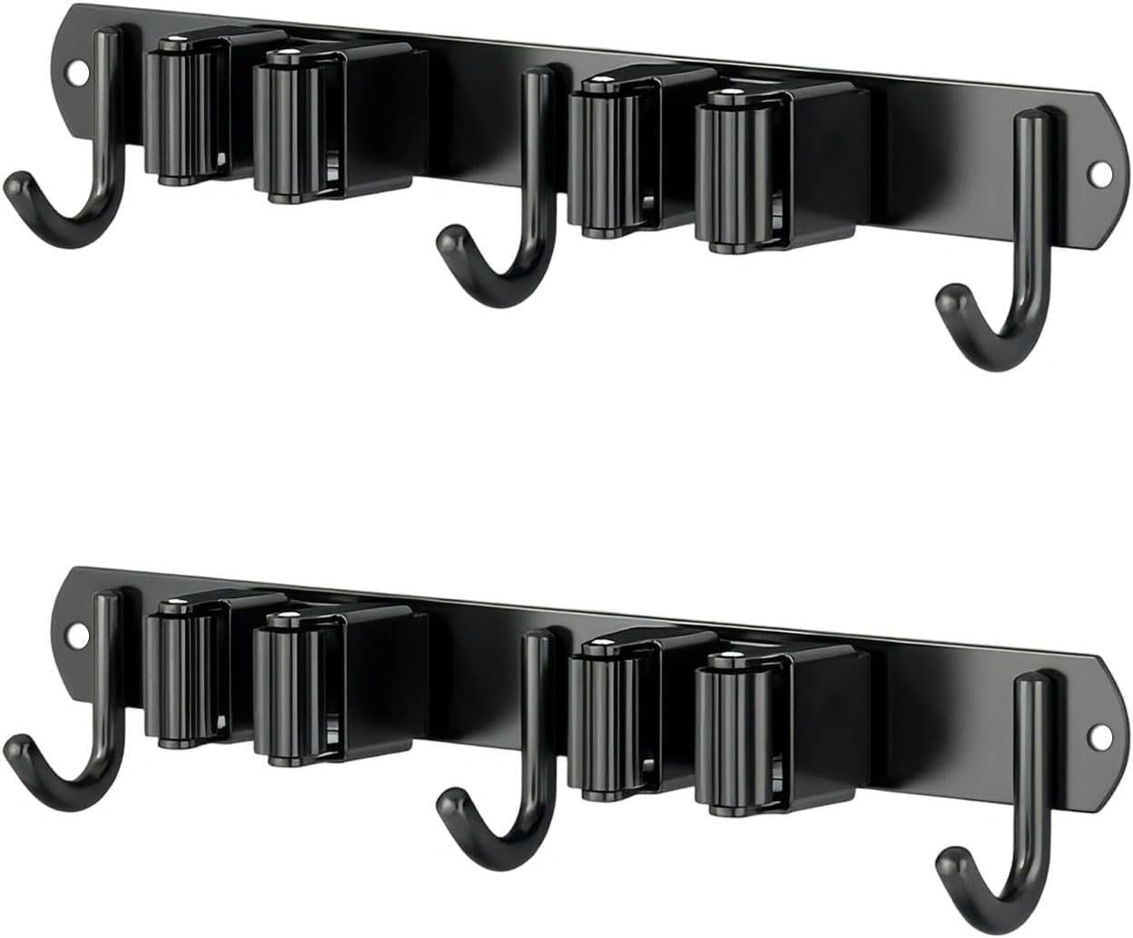 TIANLIN Support Balai Mural 2 Pièces, Porte Balais Adhésif ou à Visser pour Manche 1.8-2.8cm, en Acier Inoxydable 304 Noir, Rangement Mural pour Cuisine, Buanderie, Garage – 3 Clips + 4 Crochets