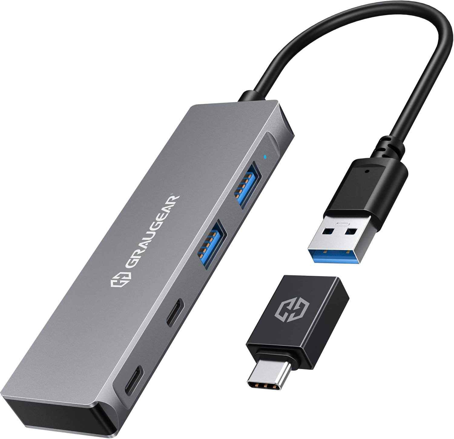 GRAUGEAR | HUB USB 3.0 | 4 Ports | 2X USB-C | 2X USB-A | Aluminium | Longueur du câble : 20 cm | Adaptateur USB Type-C | 5 Gbit/s | G-HUB2A2C-AC, 18042