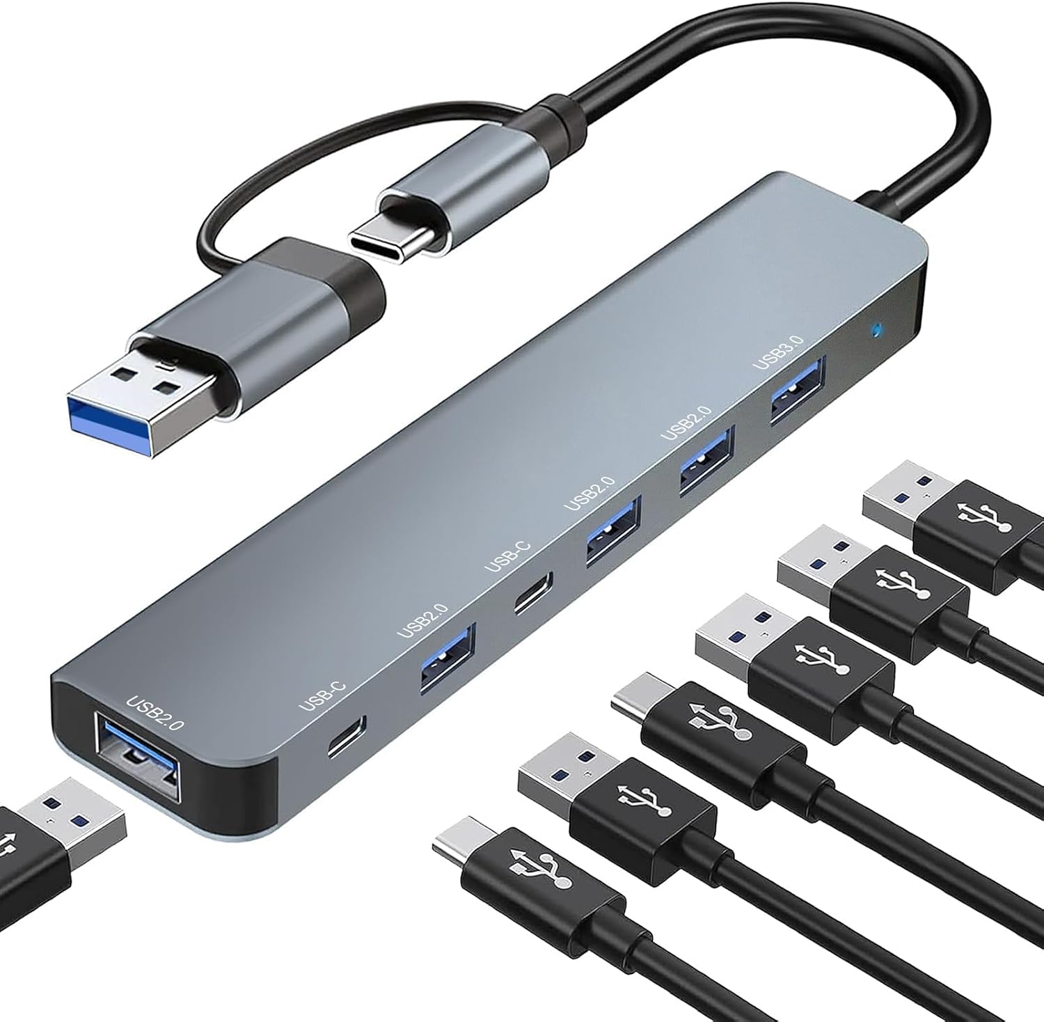 Hub USB 3.0 Hub USB C, 7-en-2 Adaptateur Multiport USB avec 1 Port USB 3.0, 2 Ports USB-C, 4 Ports USB 2.0, 5Gbps Haute Vitesse Compatible avec MacBook/iMac/Surface/Dell/PC/PS4/Ordinateur Portable