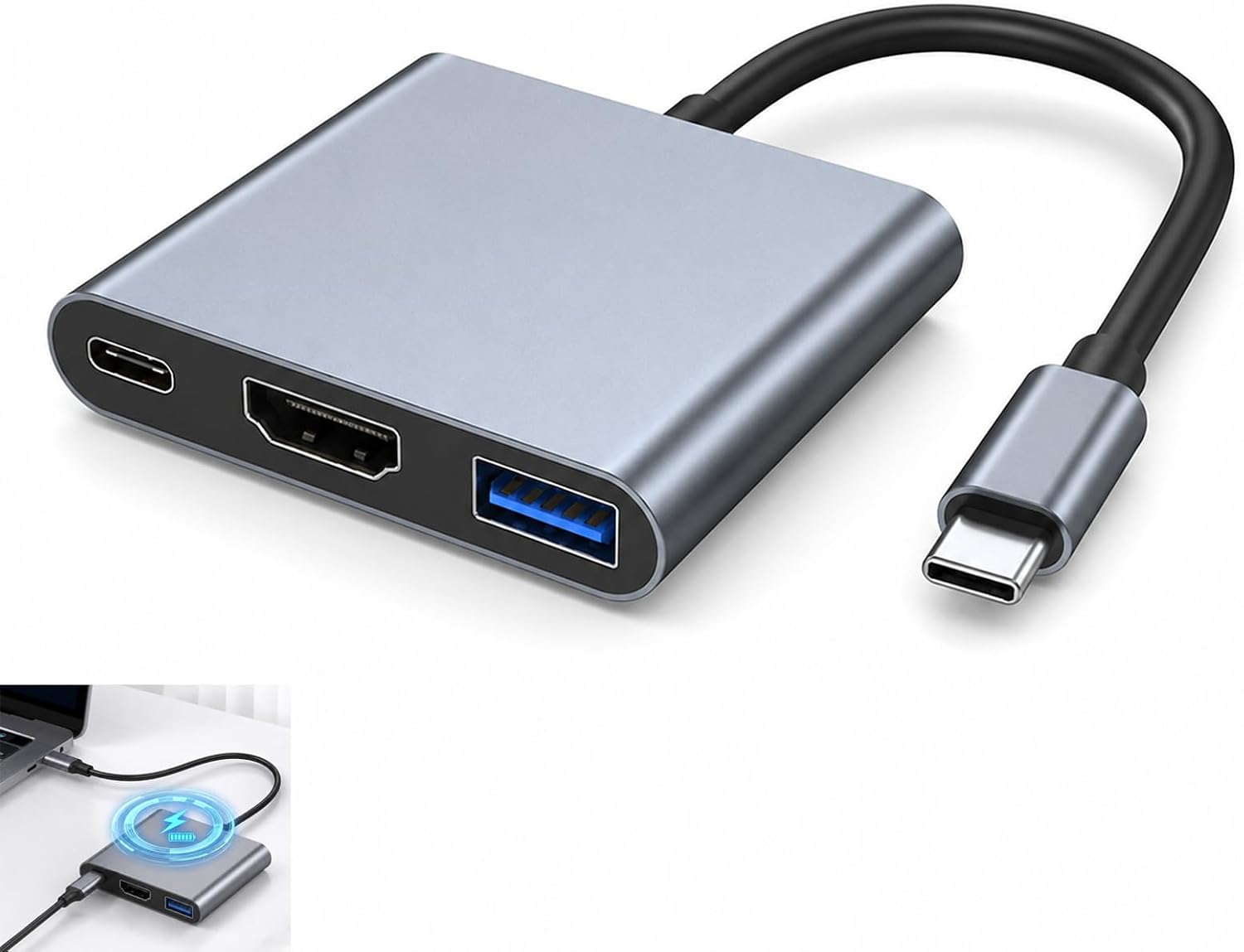 Adaptateur USB C vers HDMI, Hub AV Numérique USB C 4K 3-en-1, Adaptateur USB-C HDMI 4K@30Hz USB 3.0 PD 100W, Hub Multiport, USB-A et Charge Rapide, Compatible avec MacBook Pro, PC, Tablette Smartphone