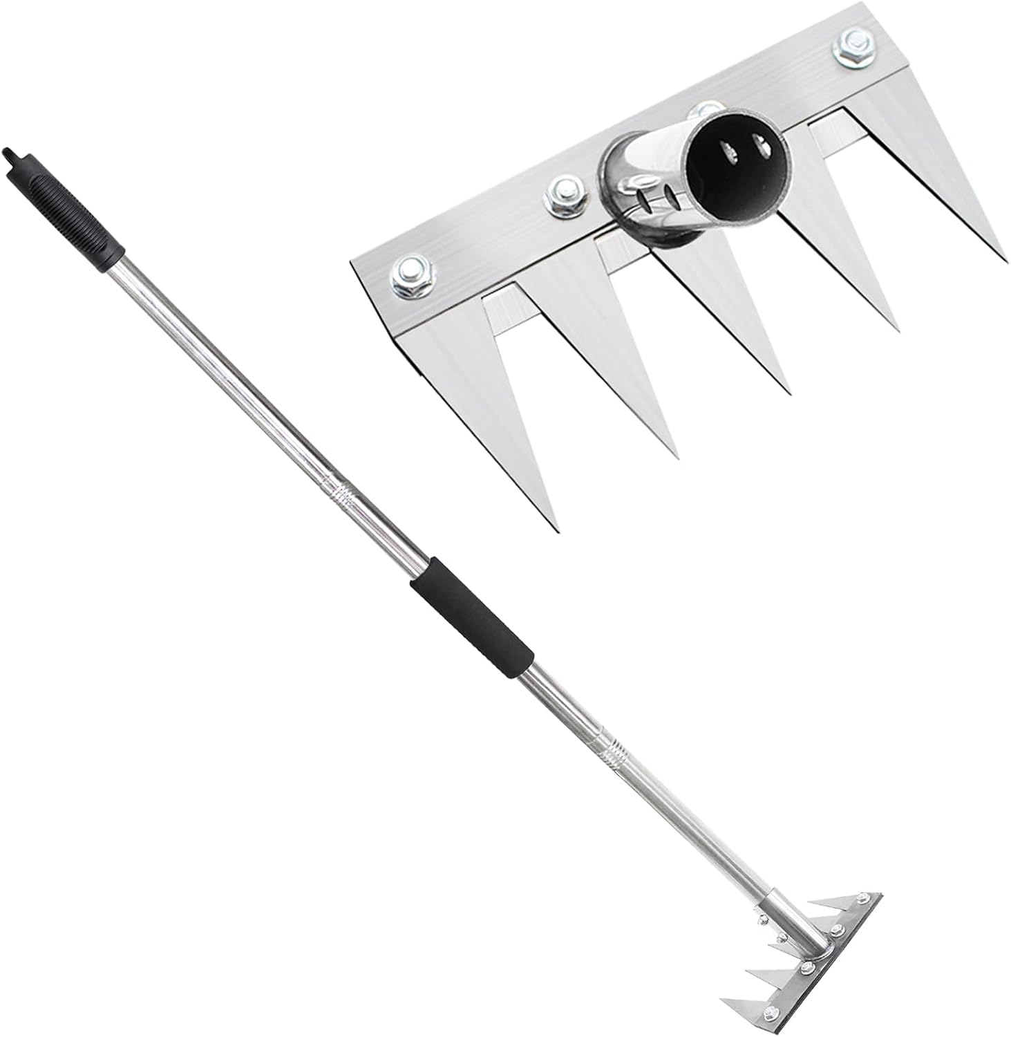 Râteau de Jardin 5 Dents avec Manche Métallique 1,2 m, Outil de Désherbage Manuel, Griffe de Jardin Portable pour Ameublir Le Sol, Désherber et Semer