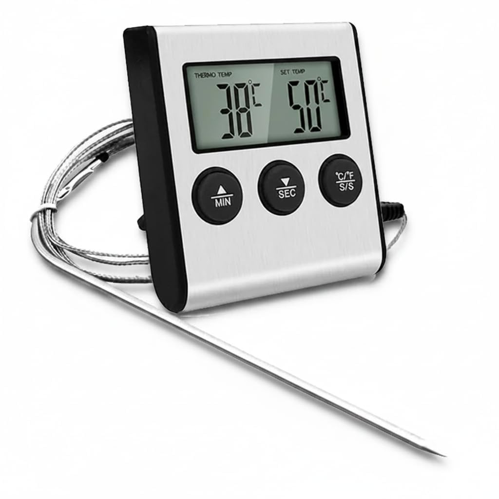 Thermomètre de Cuisine Numérique avec Sonde de Température, Grand Écran LCD, Fonction Minuterie, Thermomètre Alimentaire pour Viande, BBQ, Four, Fumoir, Grill, Cuisson, Pâtisserie et Rôtisserie