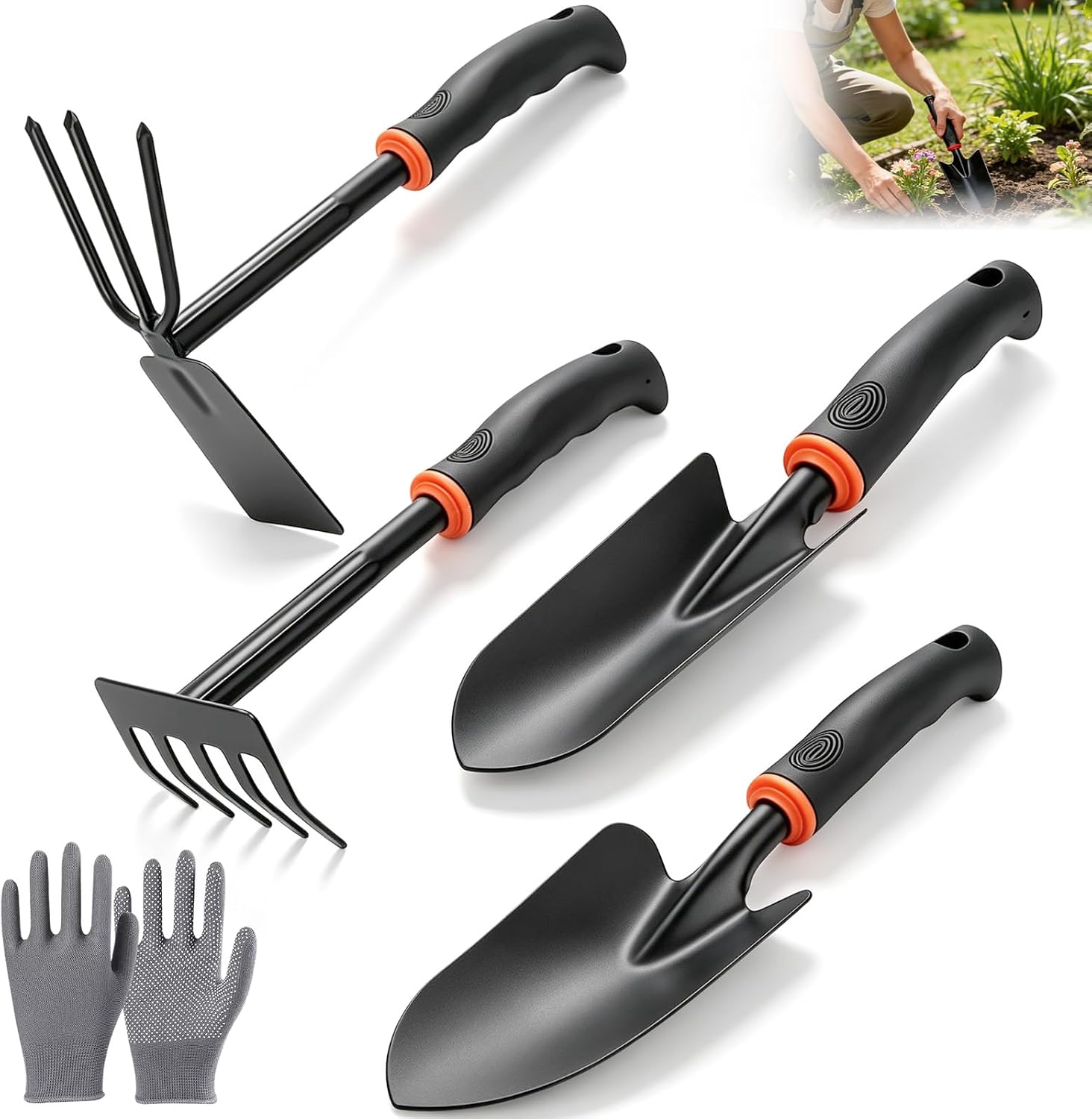 Outils Jardinage 3 pièces avec Poignée Antidérapante, Kit Petite Pelle Jardin pour Ameublir Le Sol, Désherber, Repiquer (Pelle,Transplantateur, houe Double, Râteau Cinq Dents)