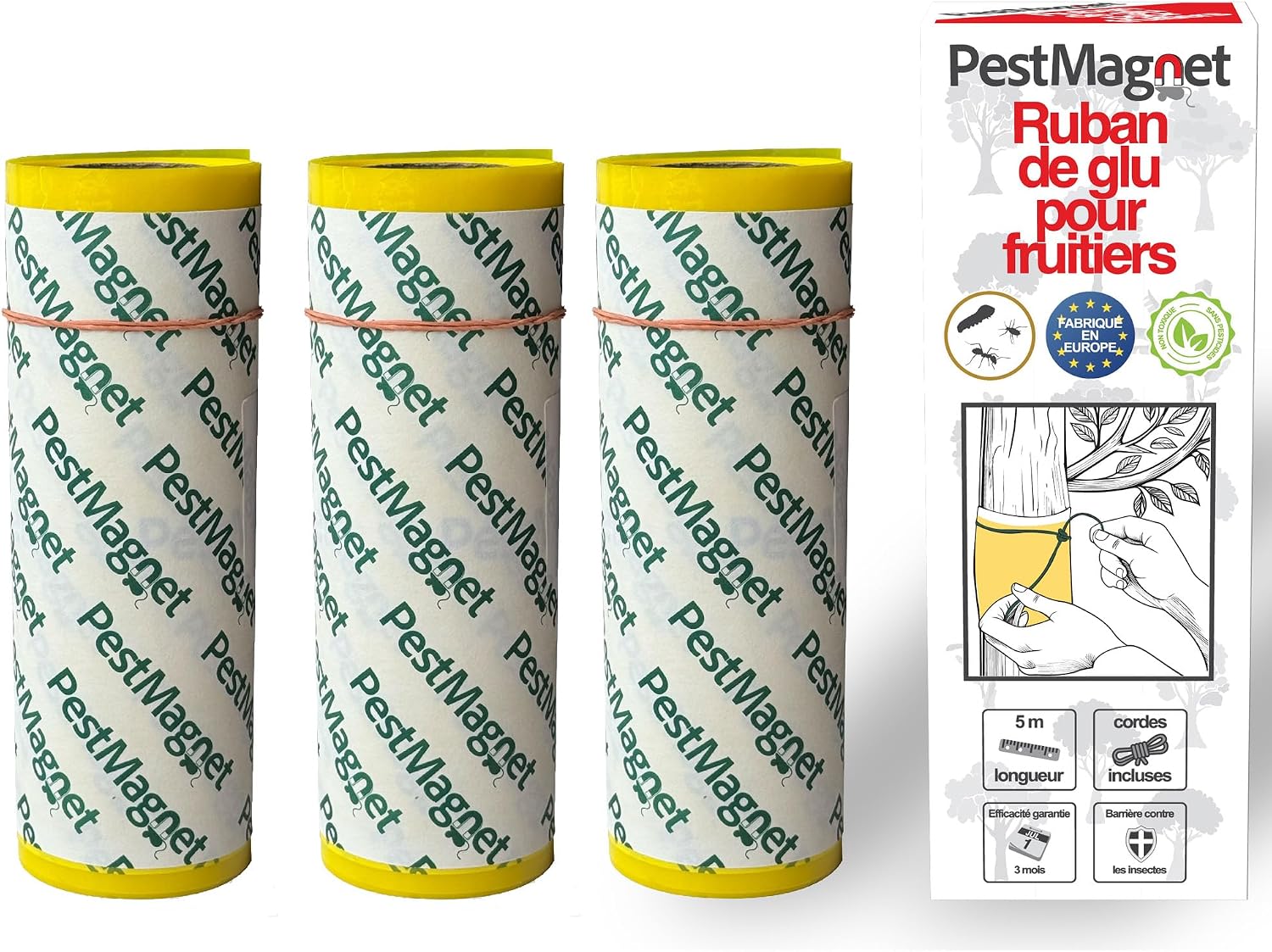 3X Bande de Colle pour Arbres 5 m – Jaune - Piège à Insectes Rampants, Fourmis, Chenilles –Non Toxique, Résistante à l’Eau–Ruban Collant pour Arbres Fruitiers Cerisiers Jardins–Facile à Appliquer