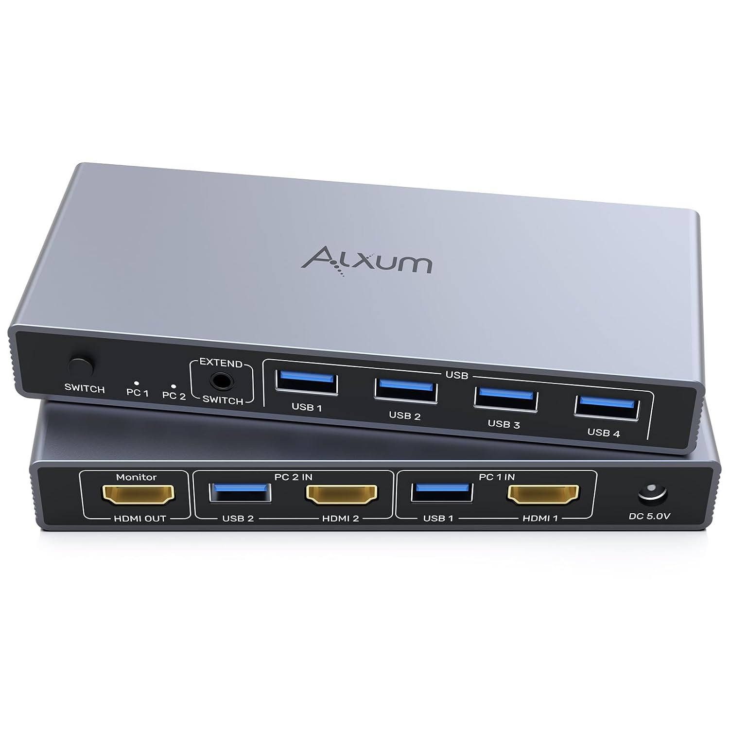 Alxum Commutateur KVM USB HDMI 2 PC 1 moniteur, deux ordinateurs pour partager un écran avec quatre ports USB, incluant un contrôleur de bureau, 2 câbles USB et un adaptateur d'alimentation