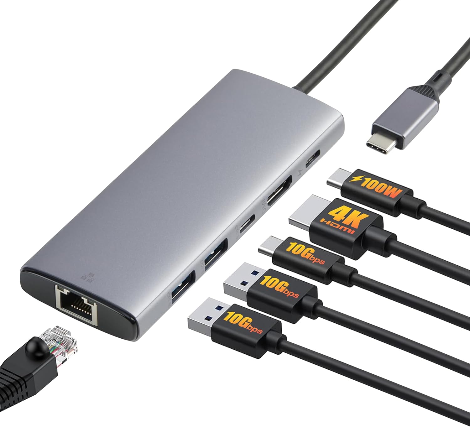 Amazon Basics 6-en-1 3.1 USB Hub, (1 USB-C 100W PD Input, 2 USB-A, 1 USB-C, HDMI 4K, Ethernet), Gris Clair, 11.94 x 4.6 x 1.5cm