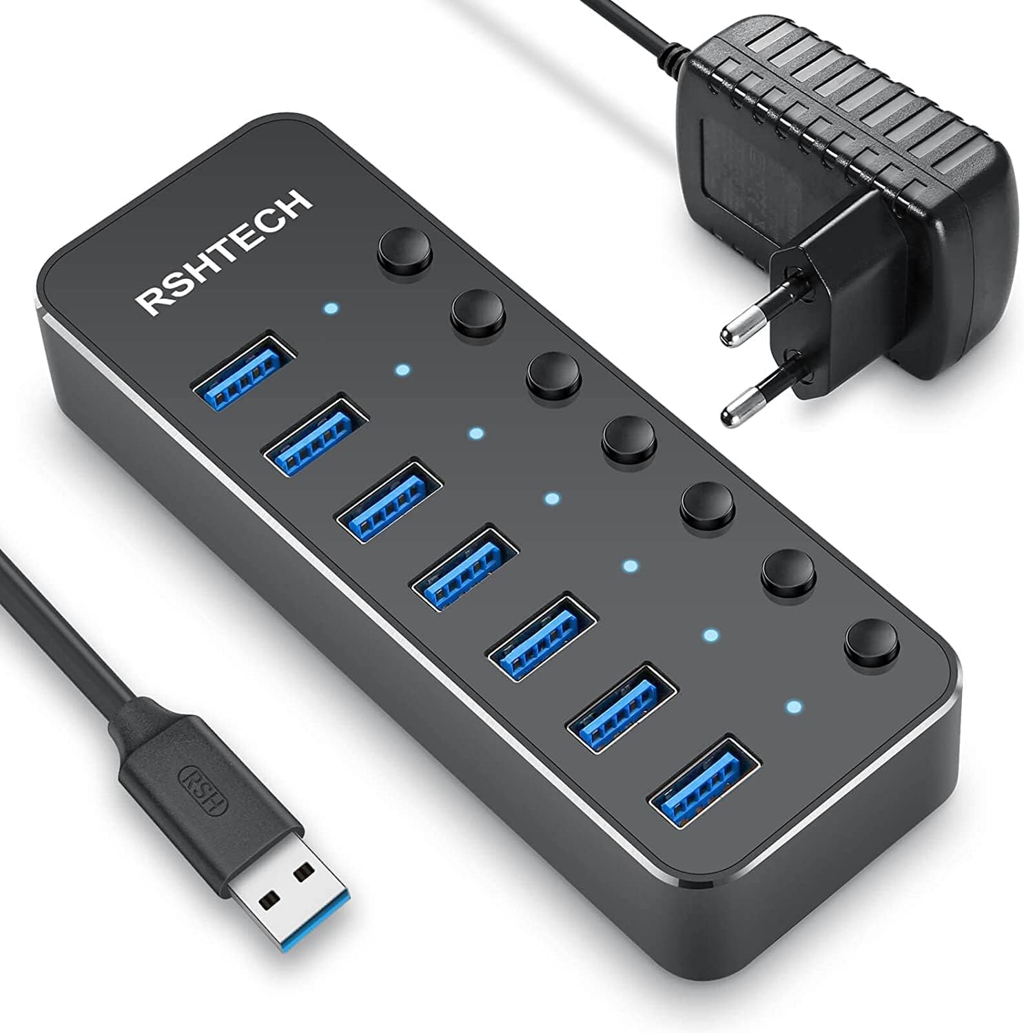 RSHTECH Hub USB Alimenté, Aluminium Hub USB 3.0 à 7 Ports, RSH-518