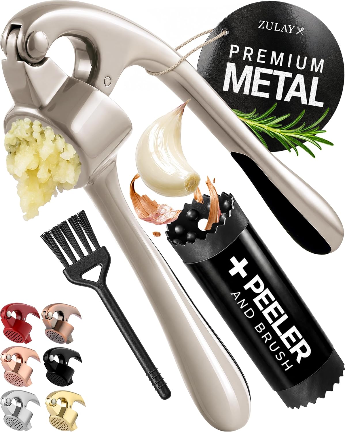Zulay Kitchen Presse-Ail Premium – Presse Ail avec Éplucheur en Silicone et Brosse de Nettoyage – Ensemble de 3 Accessoires – Écrase-Ail avec Poignée Facile à Presser – Argent