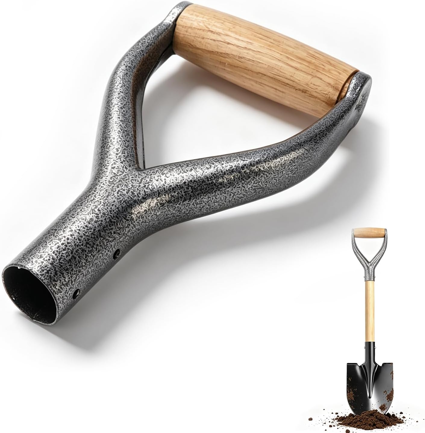 Manche de Pelle avec Poignée en Bois, Forme Y Diamètre Intérieur de 12,22 Pouces Poignée de Rechange en Fer Protection des Mains Accessoire de Jardin pour Creuser, Outil de Ratissage(Argent)