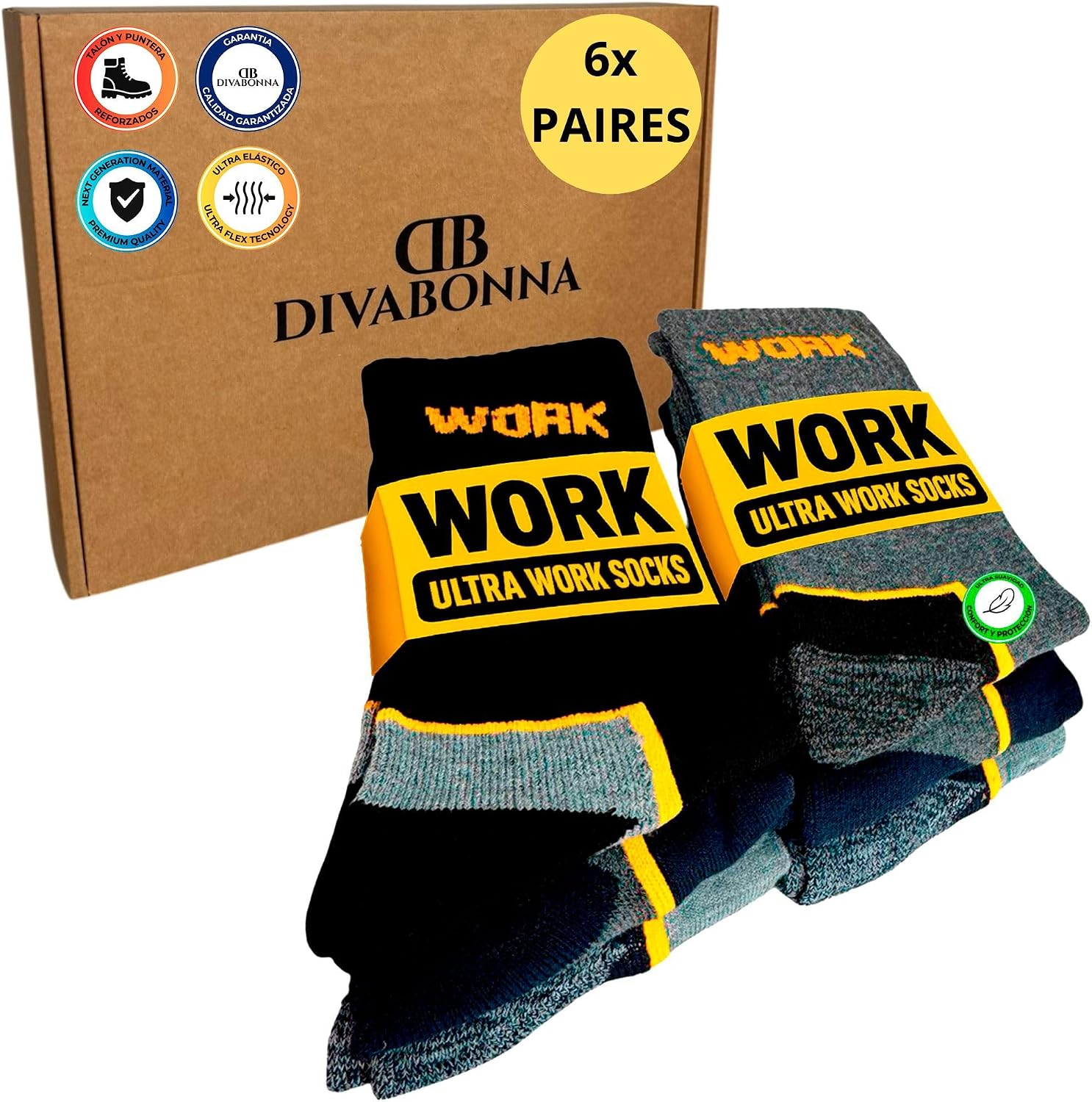 Chaussettes de Travail Homme Renforcées WORK Socks Respirantes et Confortables, Talon et Pointe Rembourrés, Usage Professionnel ou Quotidien Lot de 6 Paires
