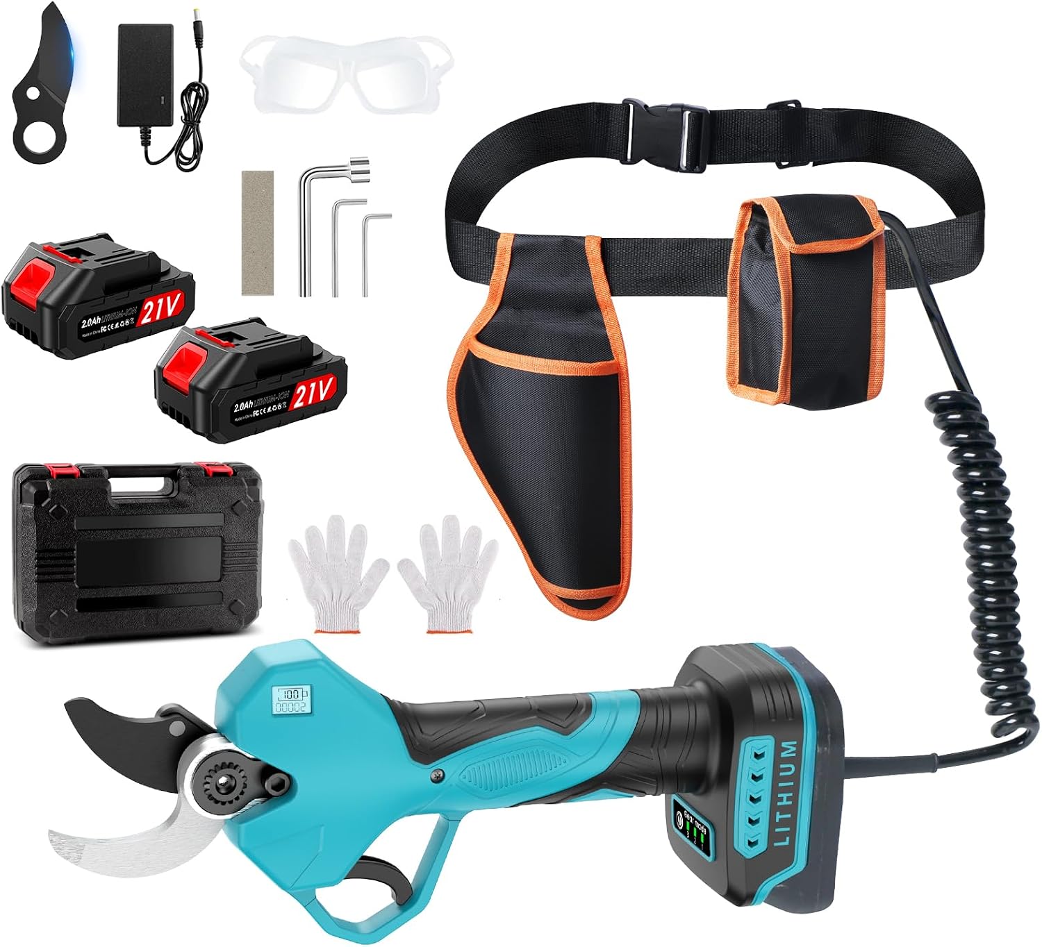 Secateur Electrique Sans Fil, Avec Sac Banane et Câble d'extension, Ouverture Max de la Lame 50mm, Sk7, 21 V 2 * 2000 mAh Batterie, Sécateur Avec Moteur Sans Balais Pour Jardinage, Arbres Fruitiers