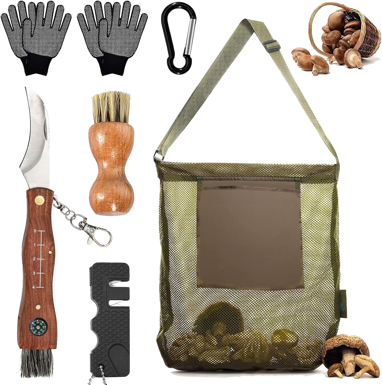 Couteau à Champignons avec Brosse,Sac de Cueillette de Champignons,Couteau mycologique,pour Les Cueilleurs de Champignons,Camping,Randonnée