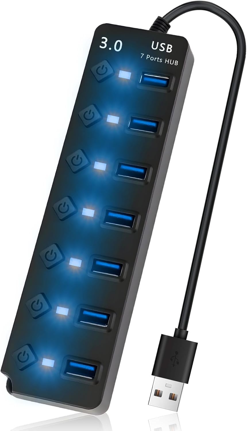 Hub USB 3.0 7 Ports avec Interrupteur, hub USB alimenté multiport Haute Vitesse 5Gbps, Multiprise USB Portable avec LED et câble 26 cm, Adaptateur hub USB 3.0 pour PC, Mac, Consoles de Jeux