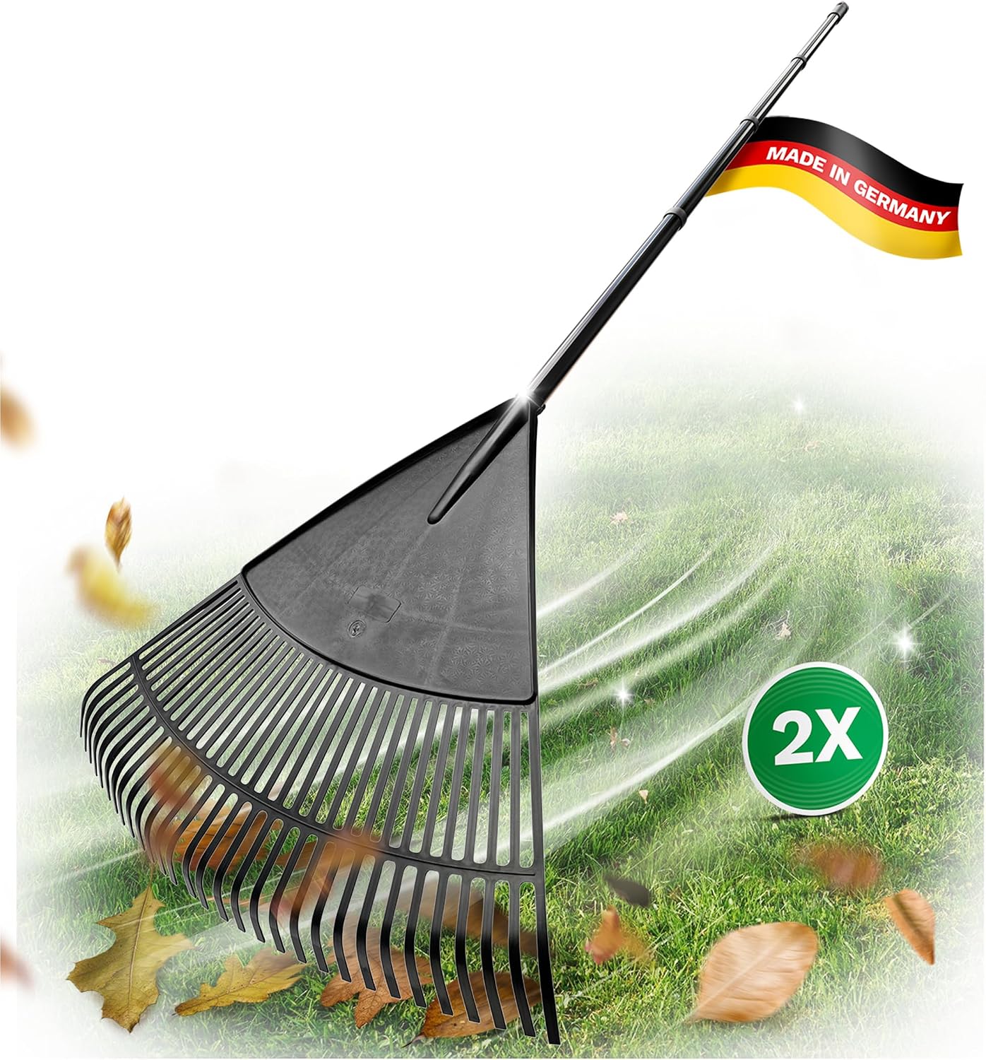 Novatool Râteau à feuilles avec manche à visser et à emboîter en 4 parties, balayeur avec 30 dents en plastique, râteau largeur de travail 75 cm, râteau à feuilles XXL, balai de jardin, râteau, balai