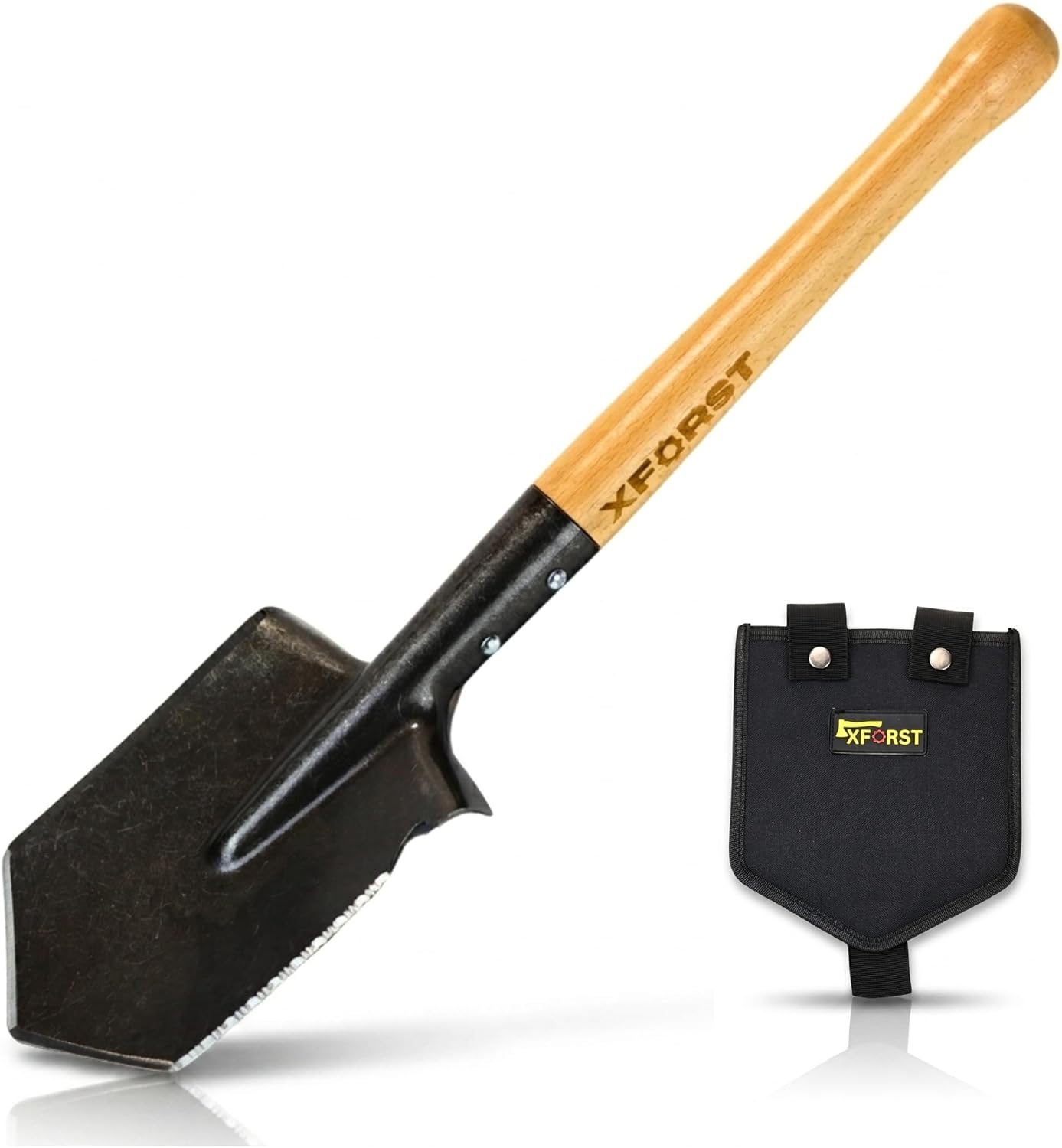 Pelle Bêche de Jardinage en Acier Multifonction – Pelle de Jardin, Camping, Survie et Détection de Métaux, Manche en Bois, Housse Incluse, Bêche Militaire US, Lame 15,5 cm, 56 cm, 750 g, Xforst FS1
