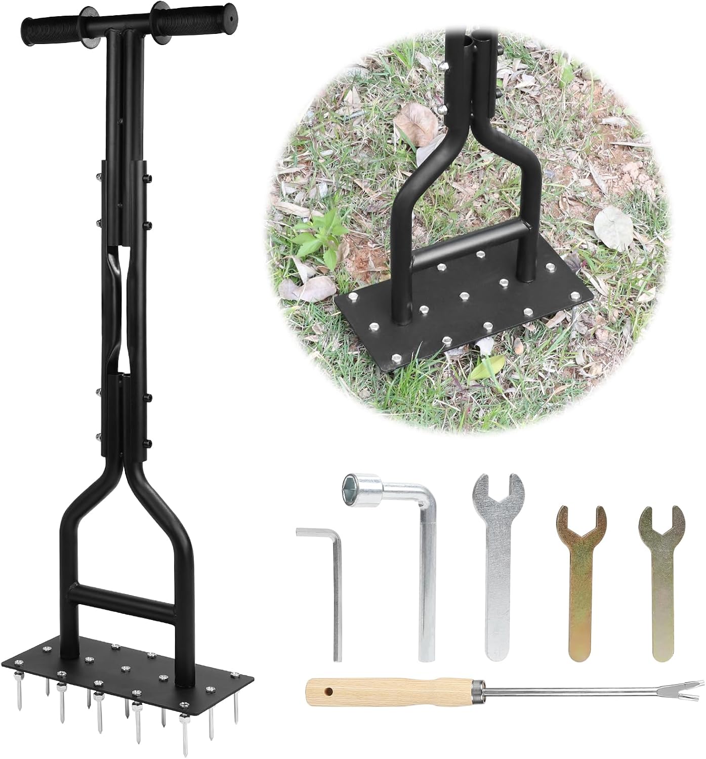 LALAGO Aérateur de Gazon Core de Pelouse 4 Dents 93cm, Outil d'Aération Manuel du Sol, Pic à Gazon avec Outil de Démoulage, Carottage Poignée Souple Creuse pour Ameublir le Sol et Améliorer la Pelouse