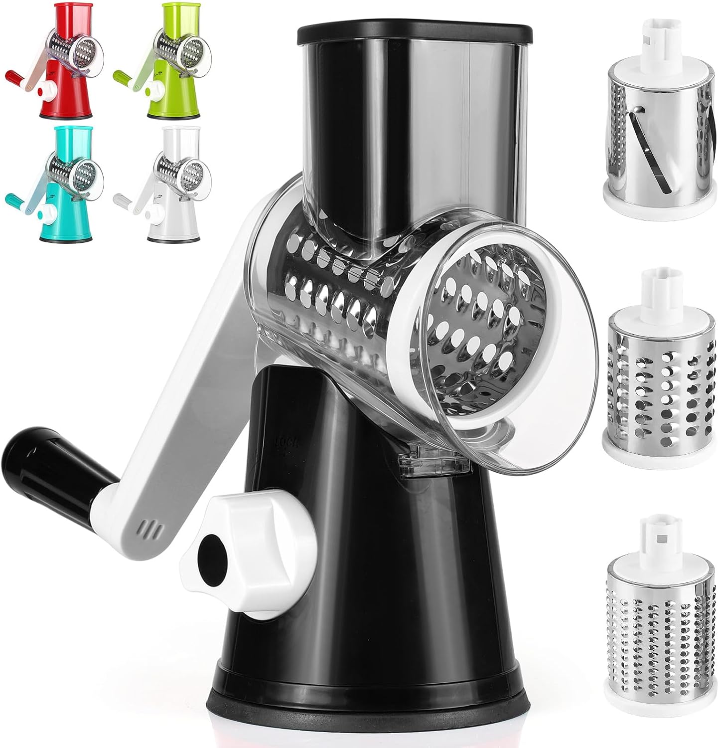 Dreamhigh® Mandoline de Cuisine Manuelle, Coupe Legumes Multifonctions avec 3 Lames de Tambour Détachables, coupe legume pour Pommes de Terre, Forte Aspiration, Carottes, Fromage, Noix, etc