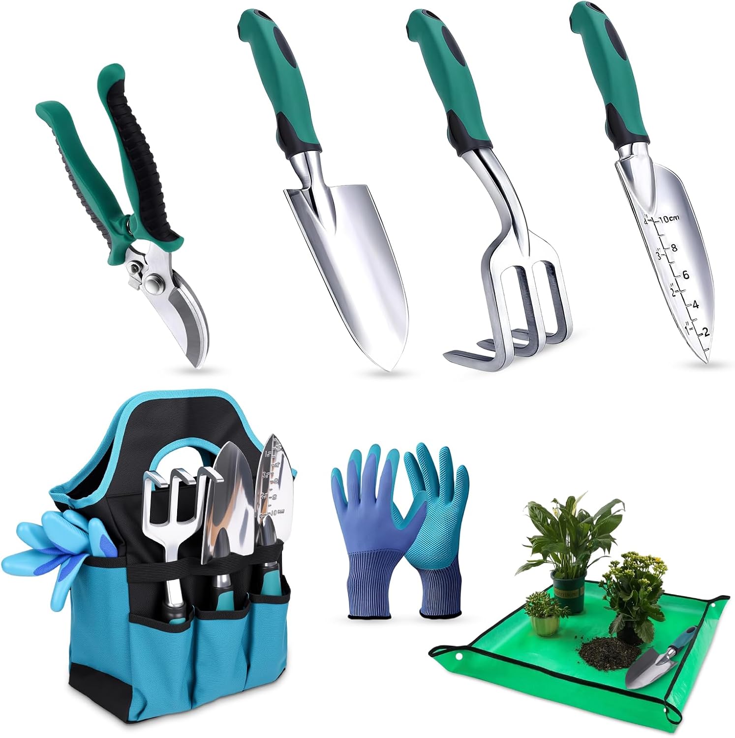 Kit à Outils de Jardinage, 7 Pièces Outils de Jardinage avec Sac de Rangement, Ensemble D'Outils de Jardinage, Robuste, Inoxydable, Cadeaux de Jardinage Idéaux pour Femmes, Hommes
