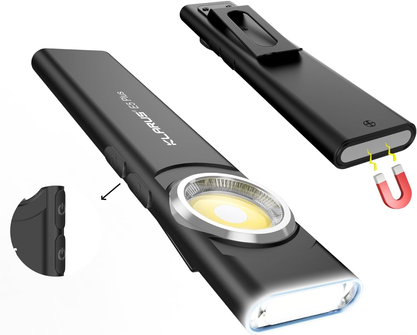 klarus E5 Plus Lampe de poche EDC ultra-fine, double interrupteur, triple éclairage, 650 lumens, rechargeable par USB-C, ultra-portable, avec base magnétique et clip de poche