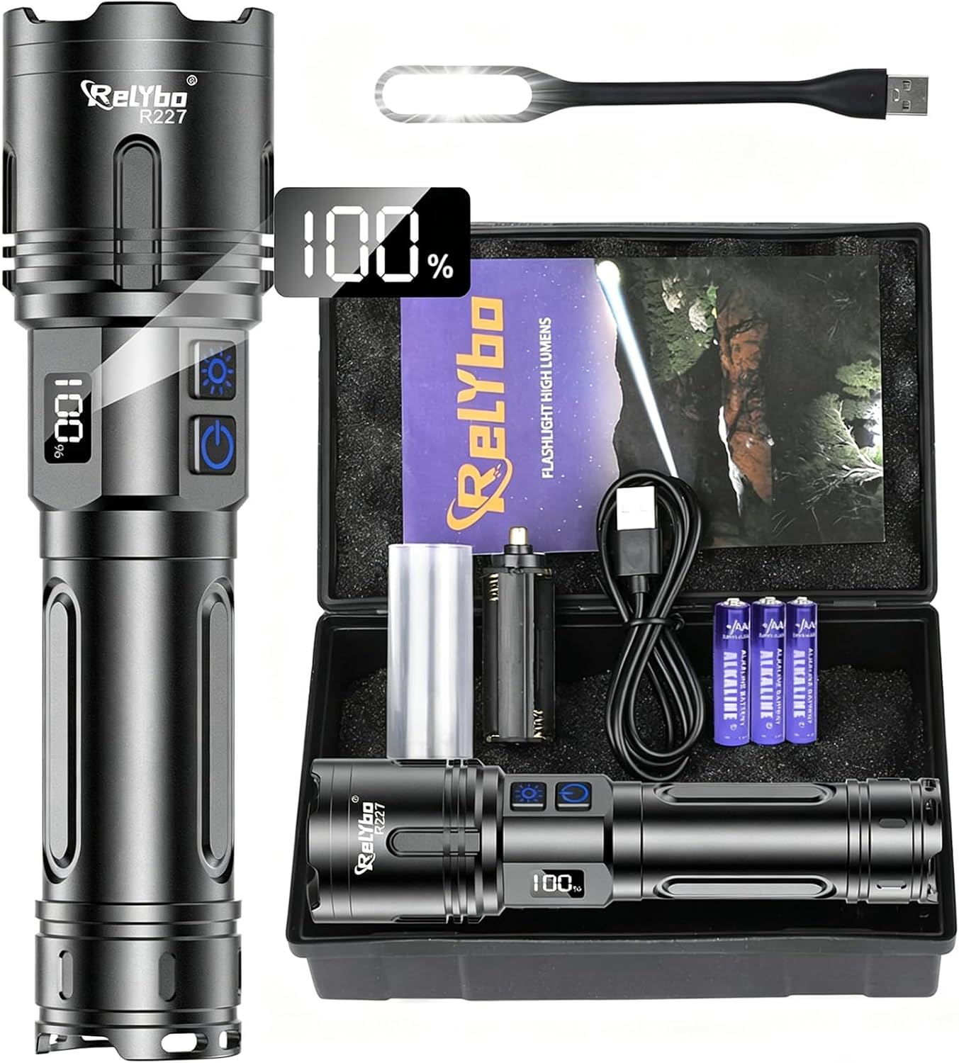 Relybo Lampe Torche LED Ultra Puissante 1,000,000 Lumens - Portée de 1600m