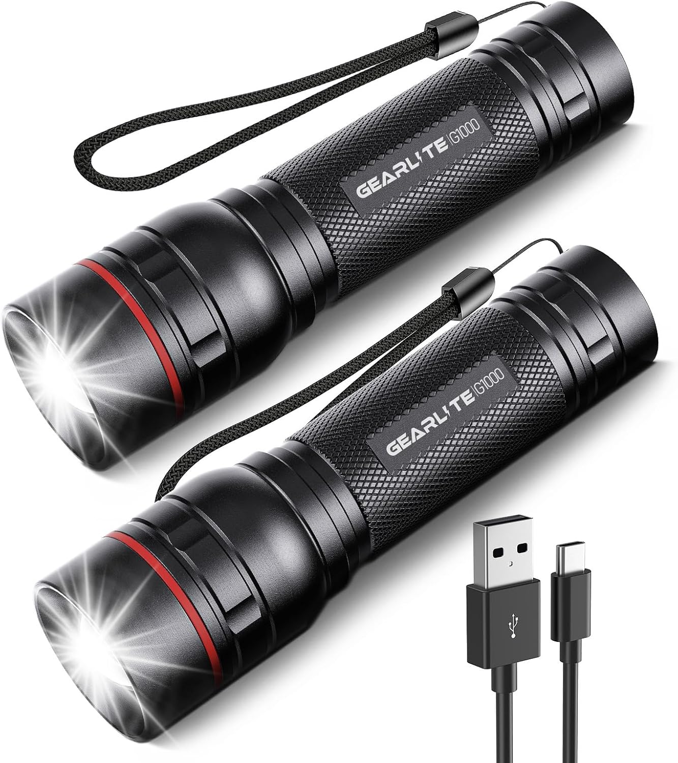 Lot de 2 torches LED rechargeables, 2 000 lm, super lumineuses