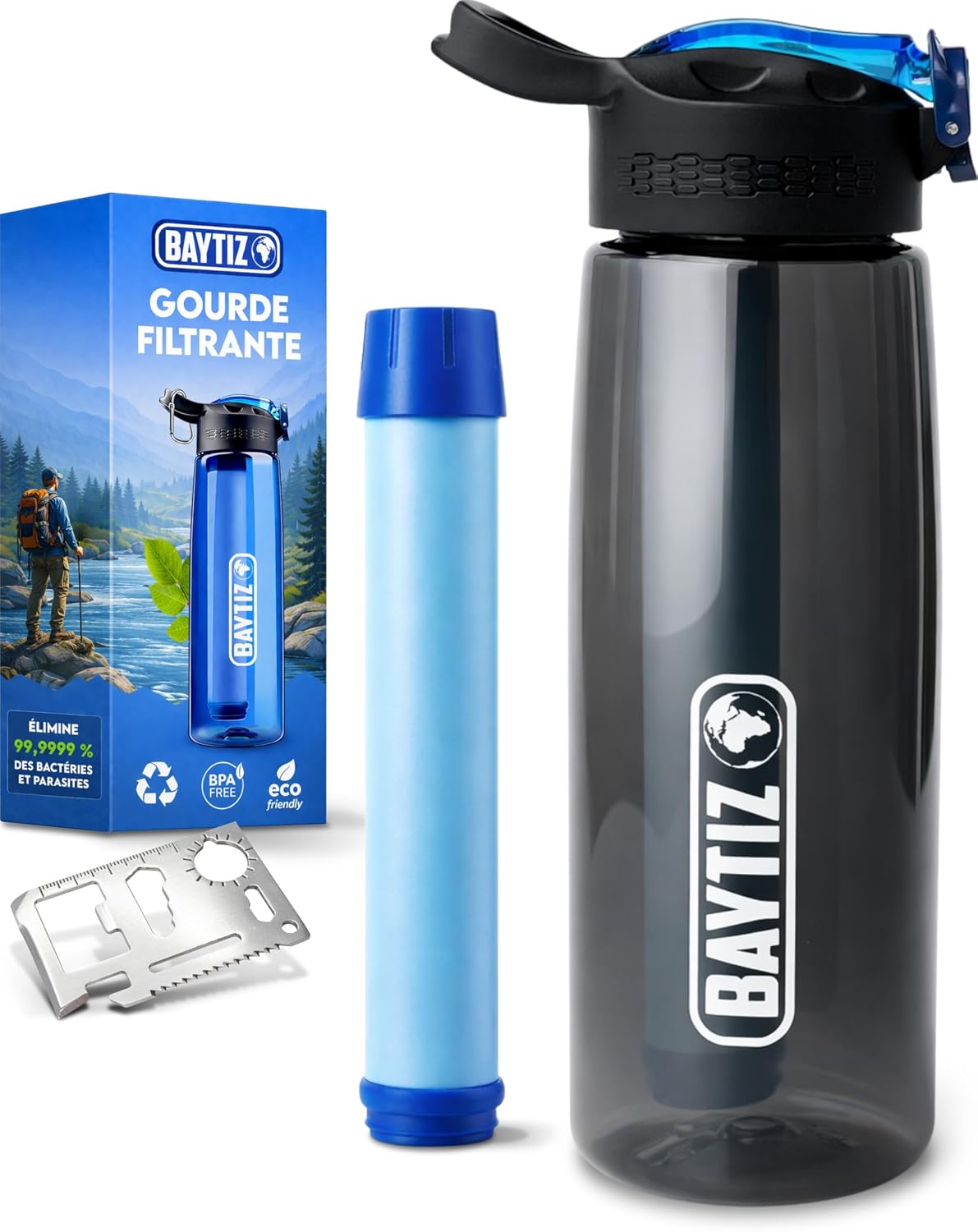 BAYTIZ® Gourde Filtrante Eau Non Potable - Gourde randonnée Filtre Eau