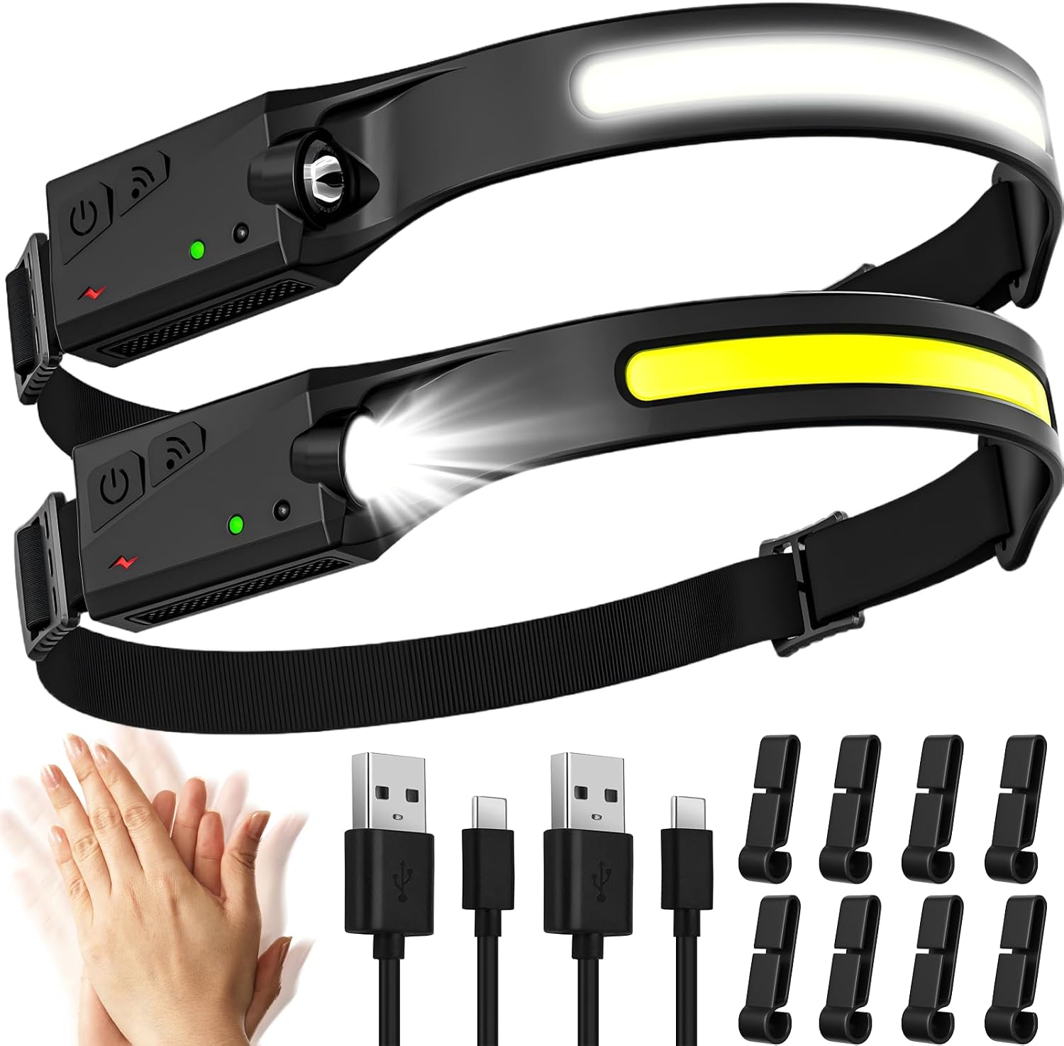 2 Pièces Lampe Frontale LED Ultra Puissante,2000 Lumens 5 Modes Lampe Frontale Rechargeable,Capteur De Mouvement USB IPX4 Étanche Torche Frontale,Pour Le Camping Pêche Le Jogging Pêche Vélo