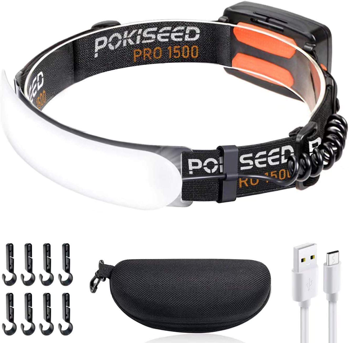POKISEED Lampe Frontale LED Ultra Puissante 1500 LM, Lampe Frontale Rechargeable USB-C 5000 mAh, Faisceau Large 230°, 3 Modes, Étanche IPX6, Clips pour Casque – Course, Camping, Pêche et Travail