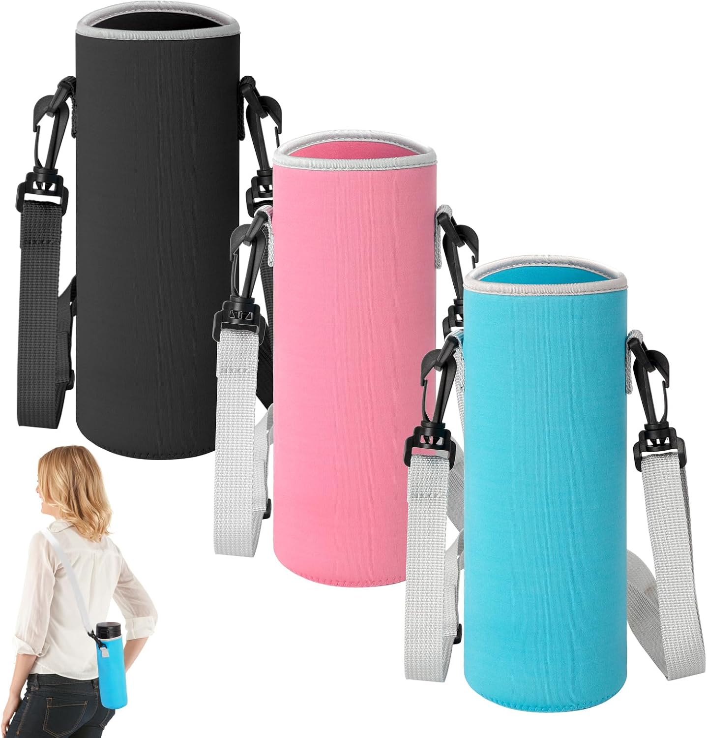 Housses Isothermes pour Bouteille d'eau Portables Sac Bouteille d'eau Porte-Bouteille Thermos avec Bandoulière Réglable pour le Camping la Randonnée 3 Pièces