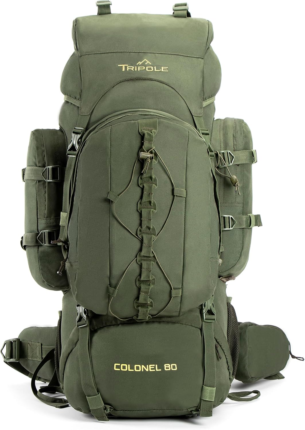 Tripole Colonel Sac à Dos 95L Voyage & Randonnée avec Sac de Jour Amovible 12L – Pour Femmes et Hommes, Sac à Dos Étanche avec Cadre Interne et Housse de Pluie, Camping & Trekking – Vert Militaire