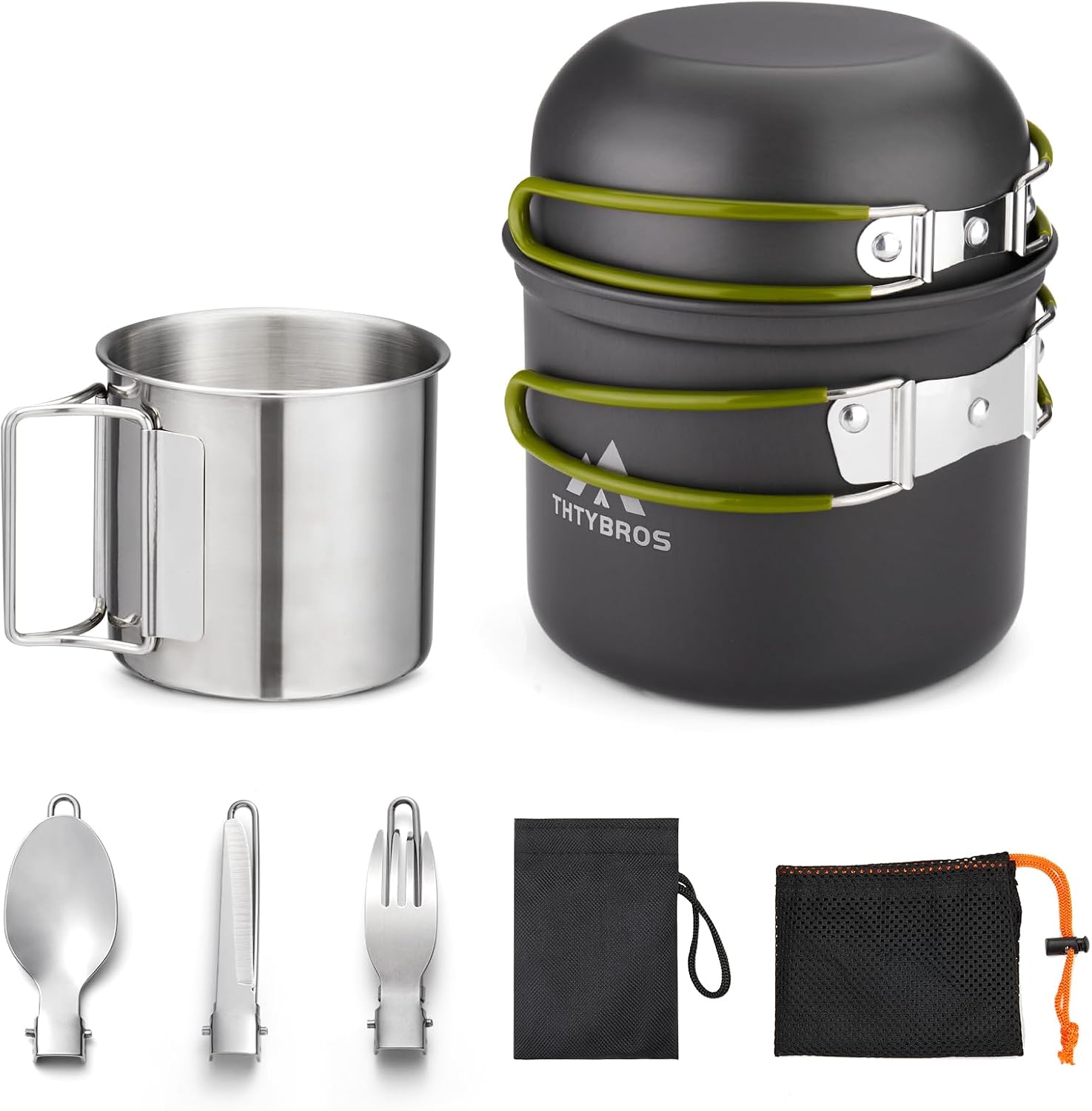 Set de Cuisine de Camping & Randonnée – Casserole 1,25 L, Poêle 0,65 L et Tasse INOX SUS304 – Set de Cuisine Léger et Robuste avec Couverts pour Bivouac, Trekking, Picnic et Solo Camping