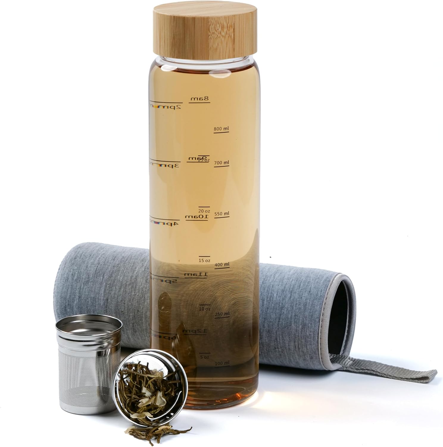 Bouteille Infuseur à Thé 1l - Gourde en Verre 1 litre - Gourde 1l en Verre Borosilicaté avec Couvercle Rotatif en Bambou - Theiere avec Infuseur 1l avec Housse en Néoprène - gris