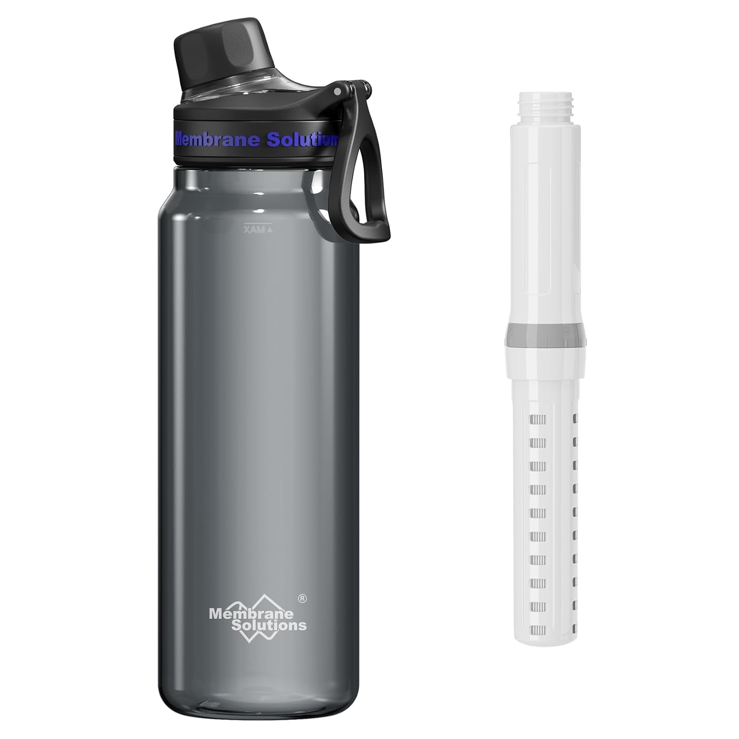 Membrane Solutions Gourde filtrante eau survie, 1L avec cartouche filtrante ACF et UF, capacité de 4000 L, Précision de 0,1 μm, élimine 99,9999% des E.Coli, sans BPA, Camping, Voyage, Gris