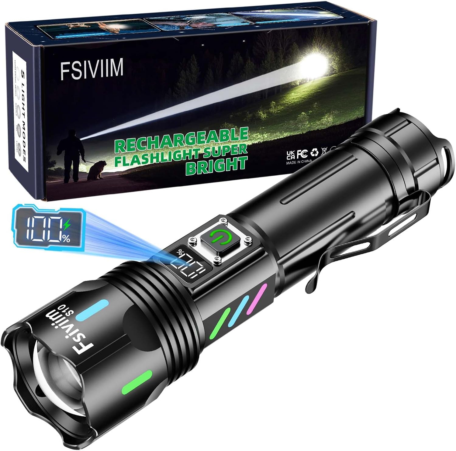 Lampe Torche LED Ultra Puissante, 1,000,000 Lumens Lampe Torche rechargeable, lampe torche puissante, 5 Modes D'éclairage, Zoomable, Pour Camping