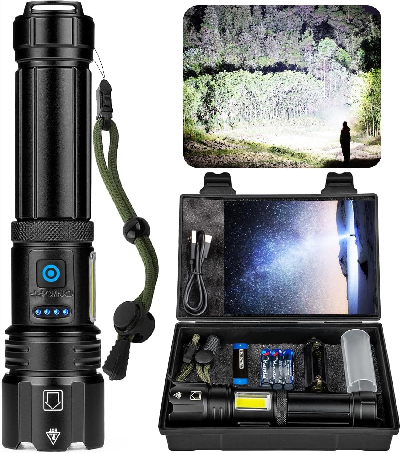 Lampe Torche LED Ultra Puissante, 1000000 Lumens Lampe Torche LED Rechargeable, 7 Modes Super Lumineuse, Longue Durée, IPX7 Étanche Idéal Pour Camping, Randonnée Et Urgences