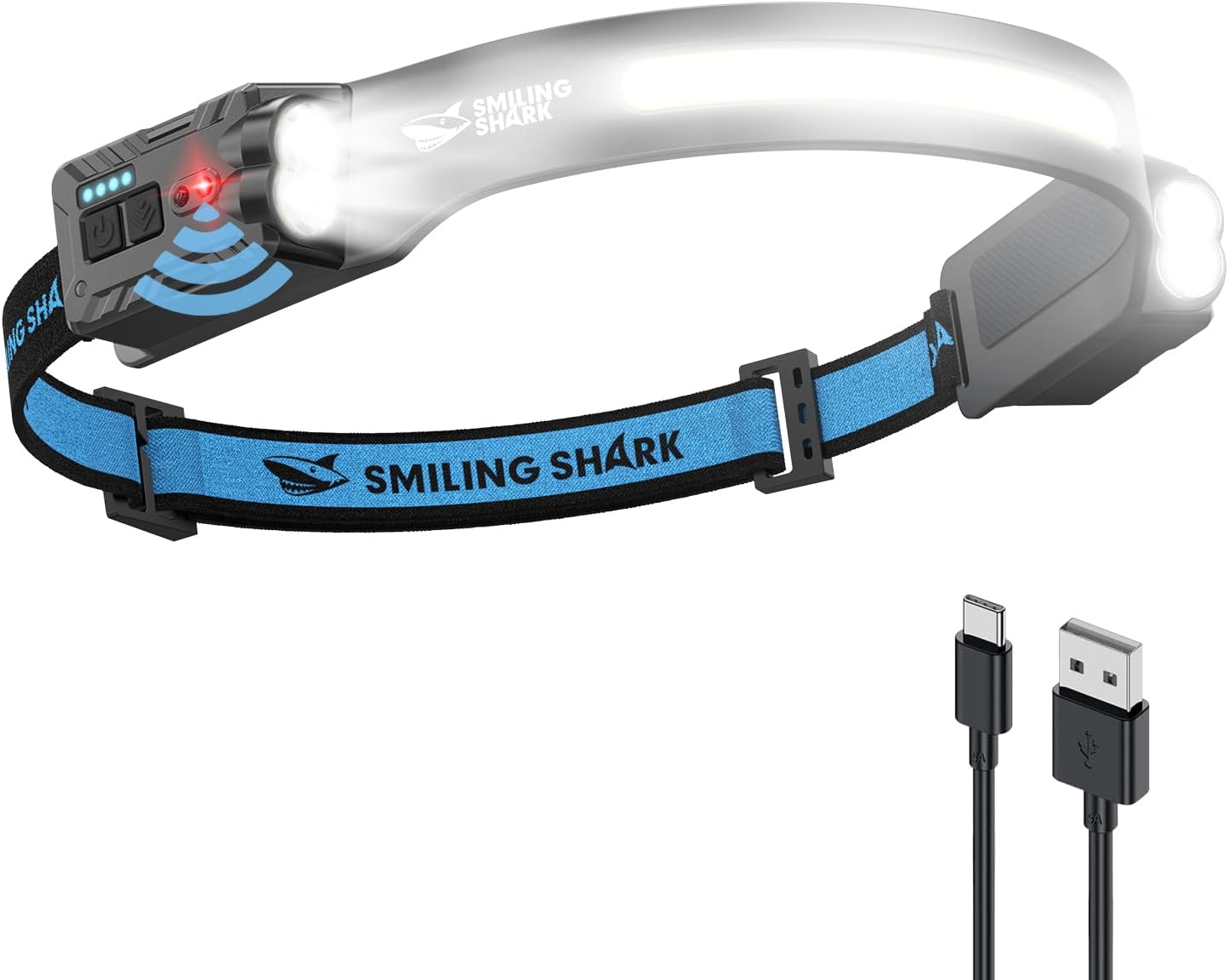 Smiling Shark Lampe Frontale, Headlamp Rechargeable 2400mAh Ultra-Lumineuse Lumière Blanche & 2 Lumière Spot Rotatable à 270°, Head Lamp Avec Capteur de Motion pour Randonnée Camping Réparations