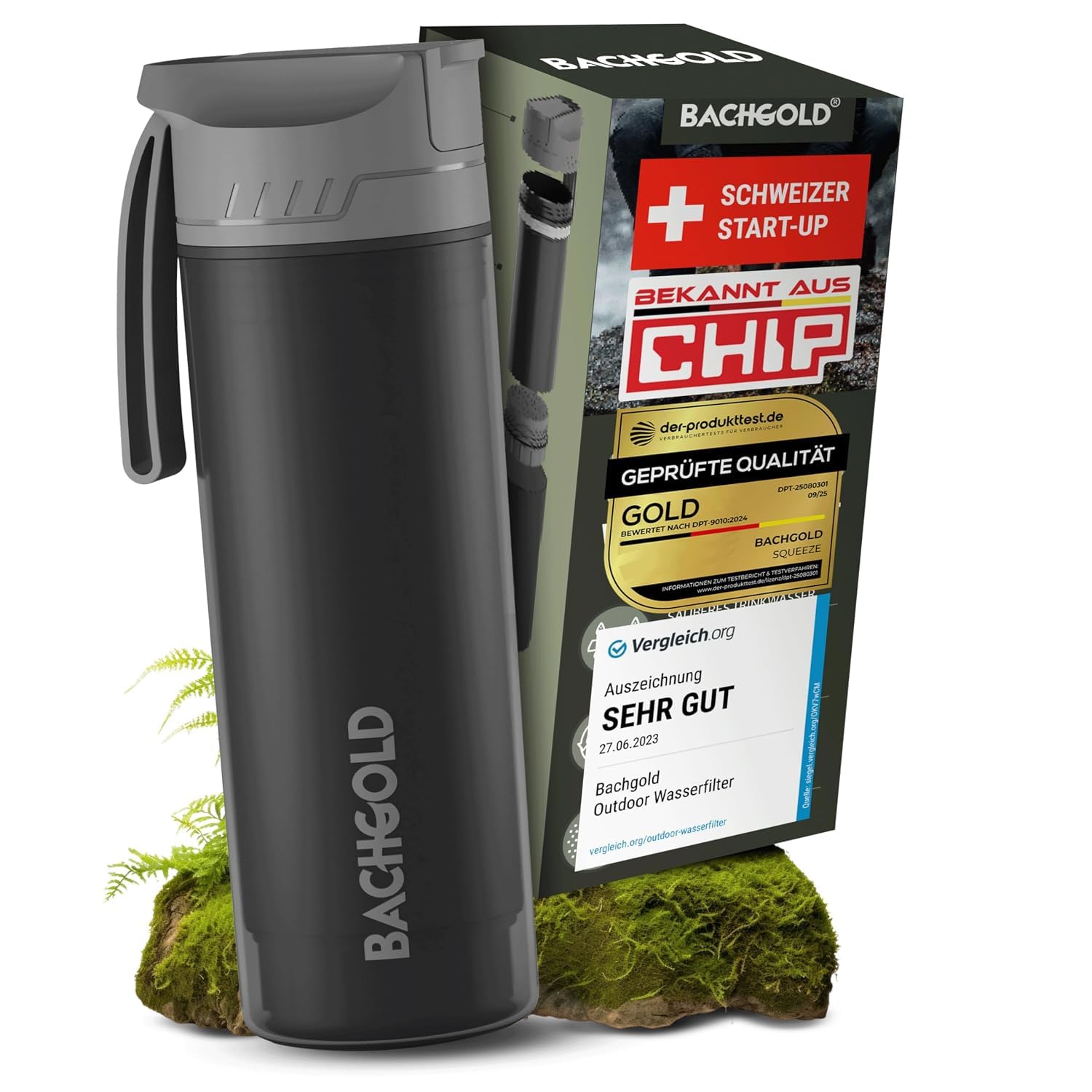 Bachgold Selfpress Gourde Filtrante, Filtre à Eau Randonnée, 500 ml, Noir