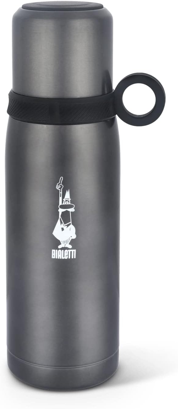 Bialetti To Go Bouteille Thermique avec Couvercle-Gobelet, à Double Paroi, Garde au Chaud pendant 12 heures et au Froid pendant 24 heures, Capacité 460 ml, Acier, Gris Foncé