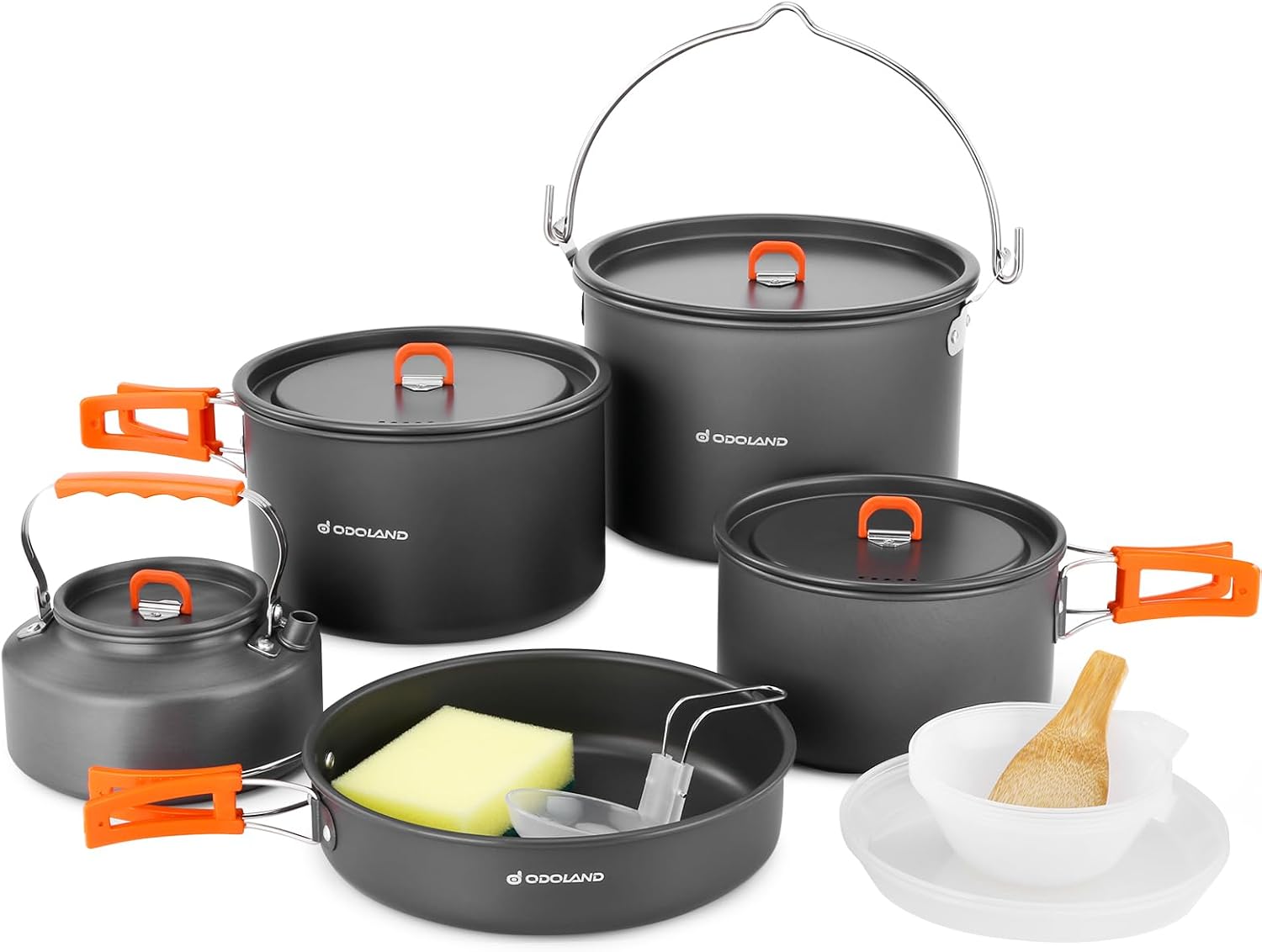 Odoland Set de Casseroles de Camping 16 Pièces, Set de Vaisselle Outdoor avec 3 Casseroles, Poêle à Frire et Bouilloire, Kit de Casseroles en Aluminium pour Le Camping, Voyage, Pique-Nique