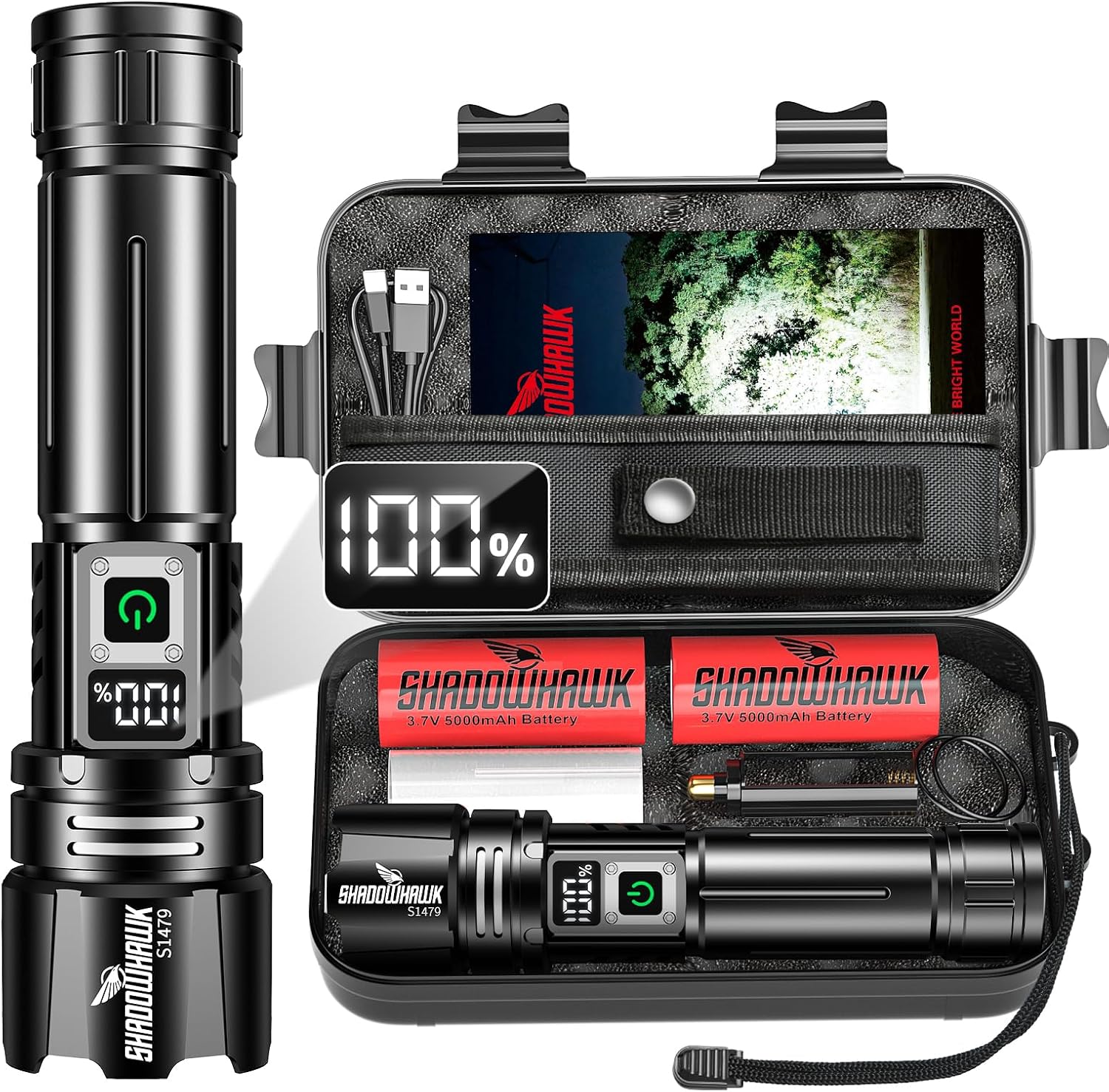 Shadowhawk Lampe torche rechargeable 24h (2 piles) | IP67 étanche 500000 lumens lampe de poche super lumineuse avec écran LCD pour camping/urgence/promenade du chien/coupures de courant, 5 modes
