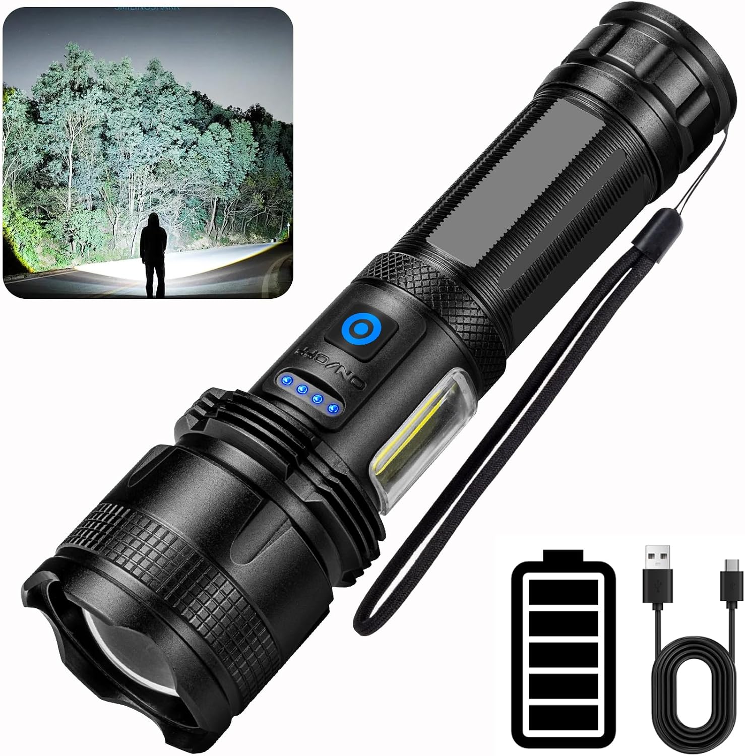 ZEUSFIRE Lampe Torche LED Ultra Puissante, 500000 Lumens Lampe Torche LED Rechargeable, Super Lumineuse 7 Modes Longue Durée, IPX7 Étanche Lamp Torch Pour Camping, Randonnée