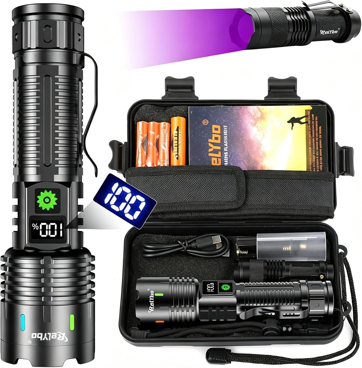 Relybo Lampe Torche LED Ultra Puissante 1,000,000 Lumen Avec Mini UV Torche