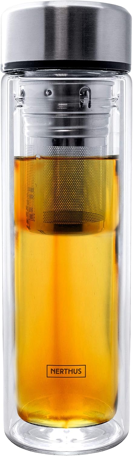 Nerthus FIH 664 filtrante 350 ML, isolée grâce à sa Double paroi, Bouteille infuseur, Flacon, Tasse de Voyage, théière, 0,35 l, Verre, Transparent