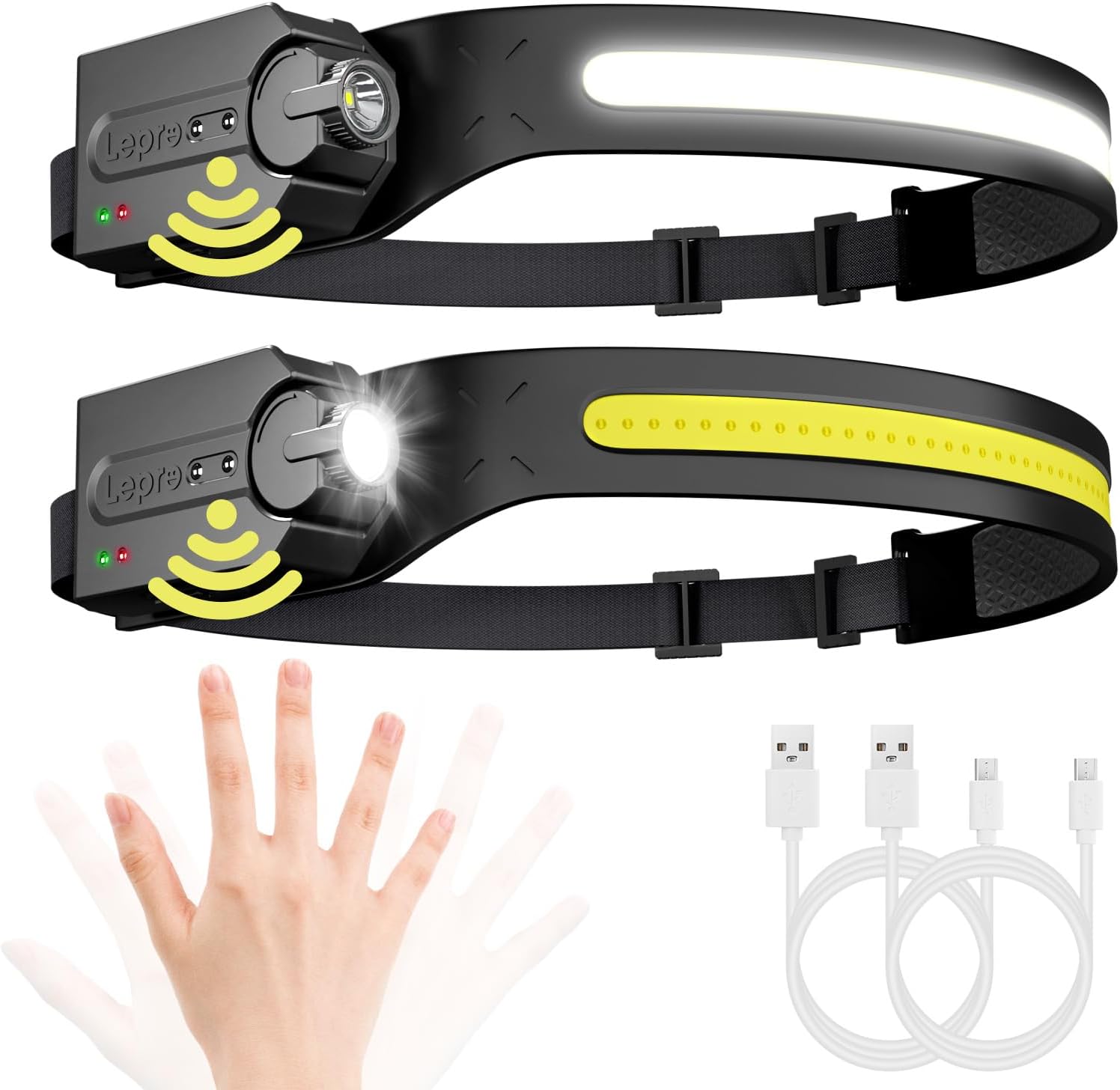 Lepro Lampe Frontale Rechargeable, Faisceau Large 230°, 5 Modes, IPX4, 2Pcs
