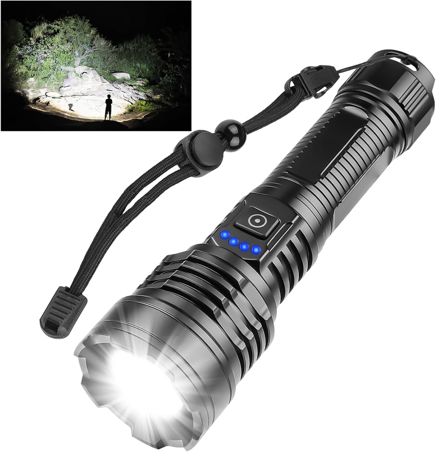 Lampe torche LED professionnelle 500 000 lumens super lumineuse – Lampe torche rechargeable avec batterie et câble USB, lampe torche tactique portable puissante, 5 modes pour camping