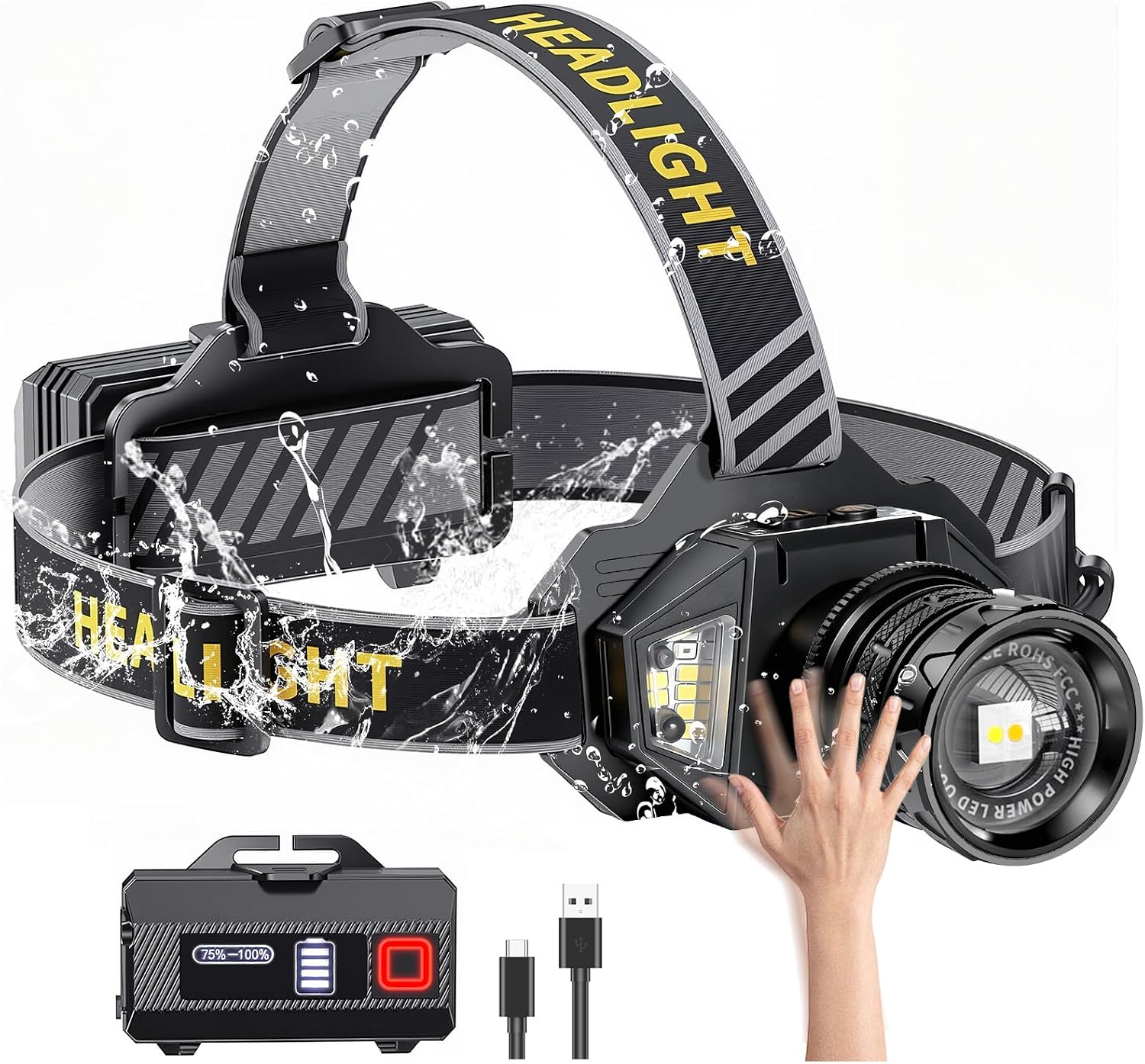 Spardar Lampe Frontale 120 000 Lumens, 9000 mAh, Rechargeable, Réglable à 120 °, 7 Modes au Choix, Etanche IPX7, Convient pour le Camping, la Chasse et la Course à Pied