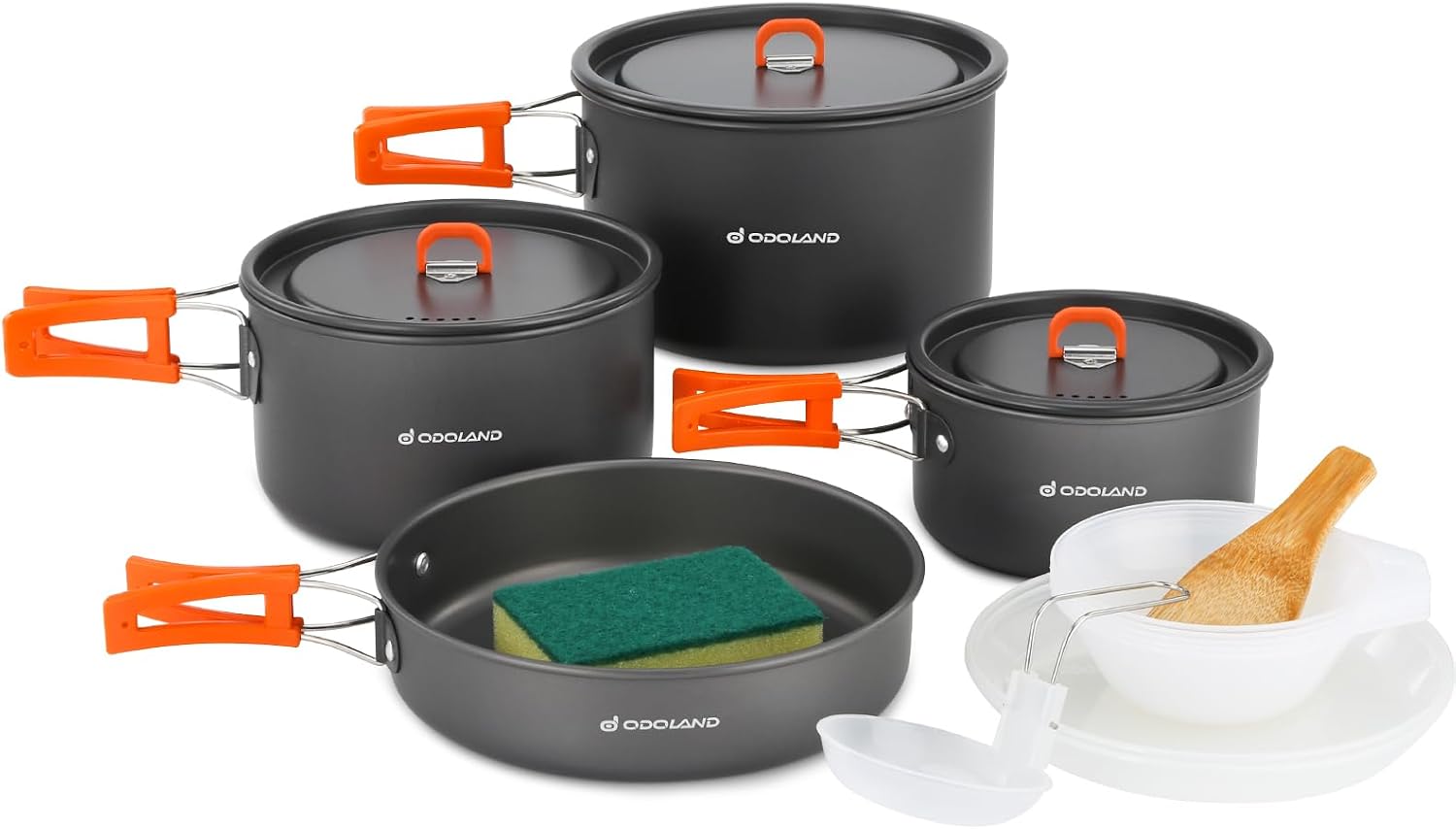 Odoland Set de Casseroles de Camping 15 Pièces, Set de Vaisselle Outdoor avec 3 Casseroles et Poêle à Frire, Kit de Casseroles en Aluminium pour Outdoor Pique-Nique, 4-5 Personnes