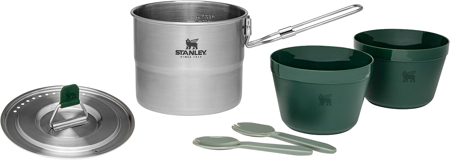 Stanley Adventure Ensemble de Cuisine de Camping en Acier Inoxydable pour 2 Personnes de 1 l avec Bols et fourchettes – Batterie de Cuisine de Camping 6 pièces – Casserole en Acier Inoxydable avec