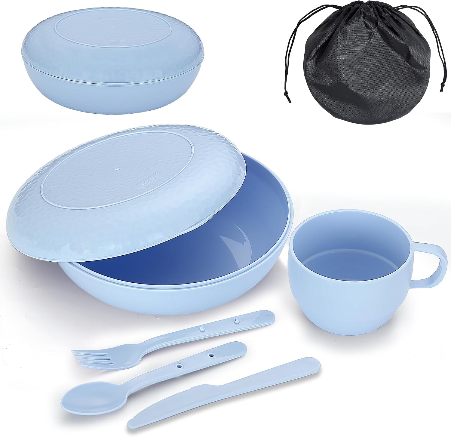 Evanda Couverts Camping avec Bol, Assiette, Tasse, cuillère, Fourchette, Couteau et Sac de Transport, Réutilisable Accessoires de Camping Essentiel Équipement léger et Peu encombrant